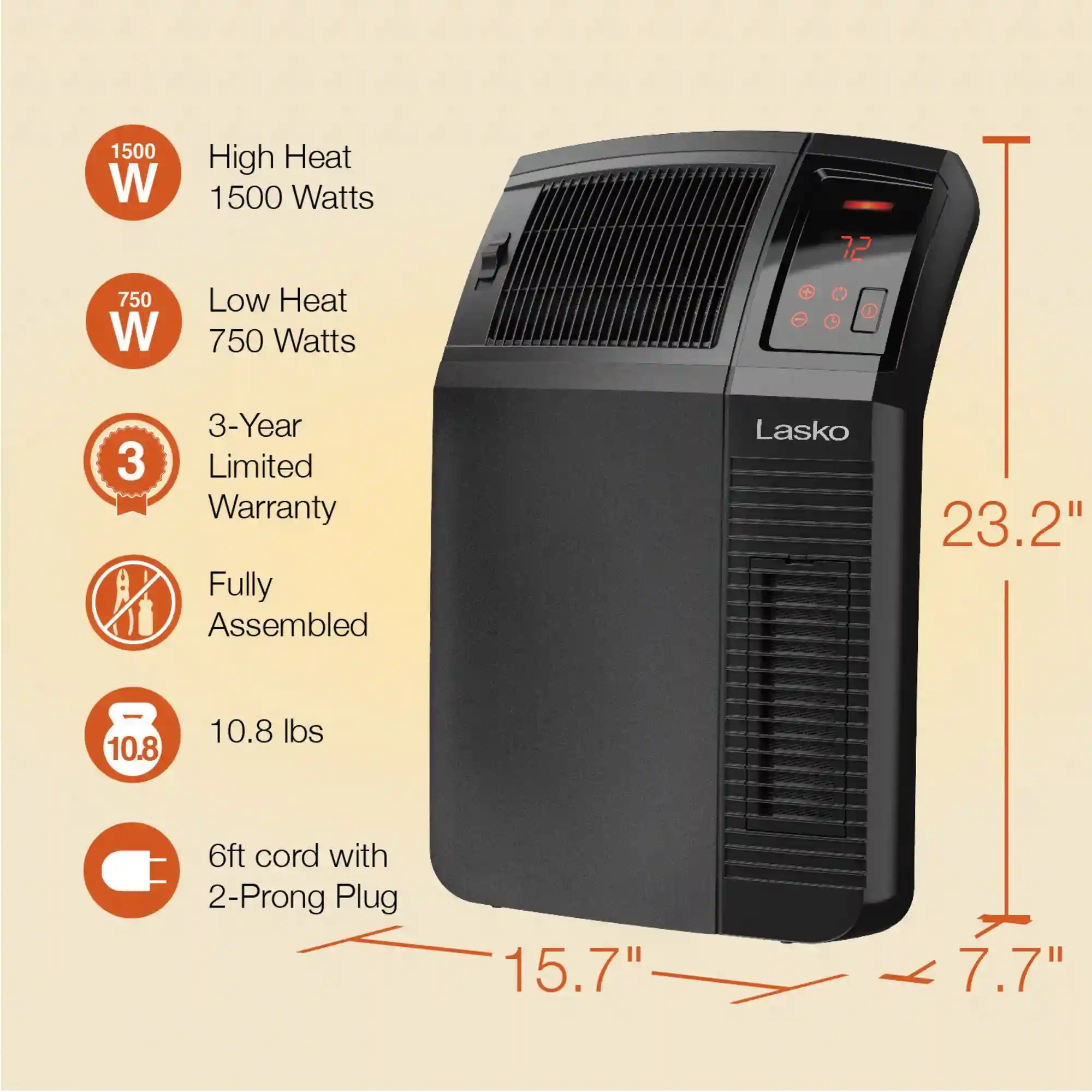 Lasko 1500W Electric Cyclonic Ceramic Room Space Heater with 8-Hour Timer, CC24920, Black