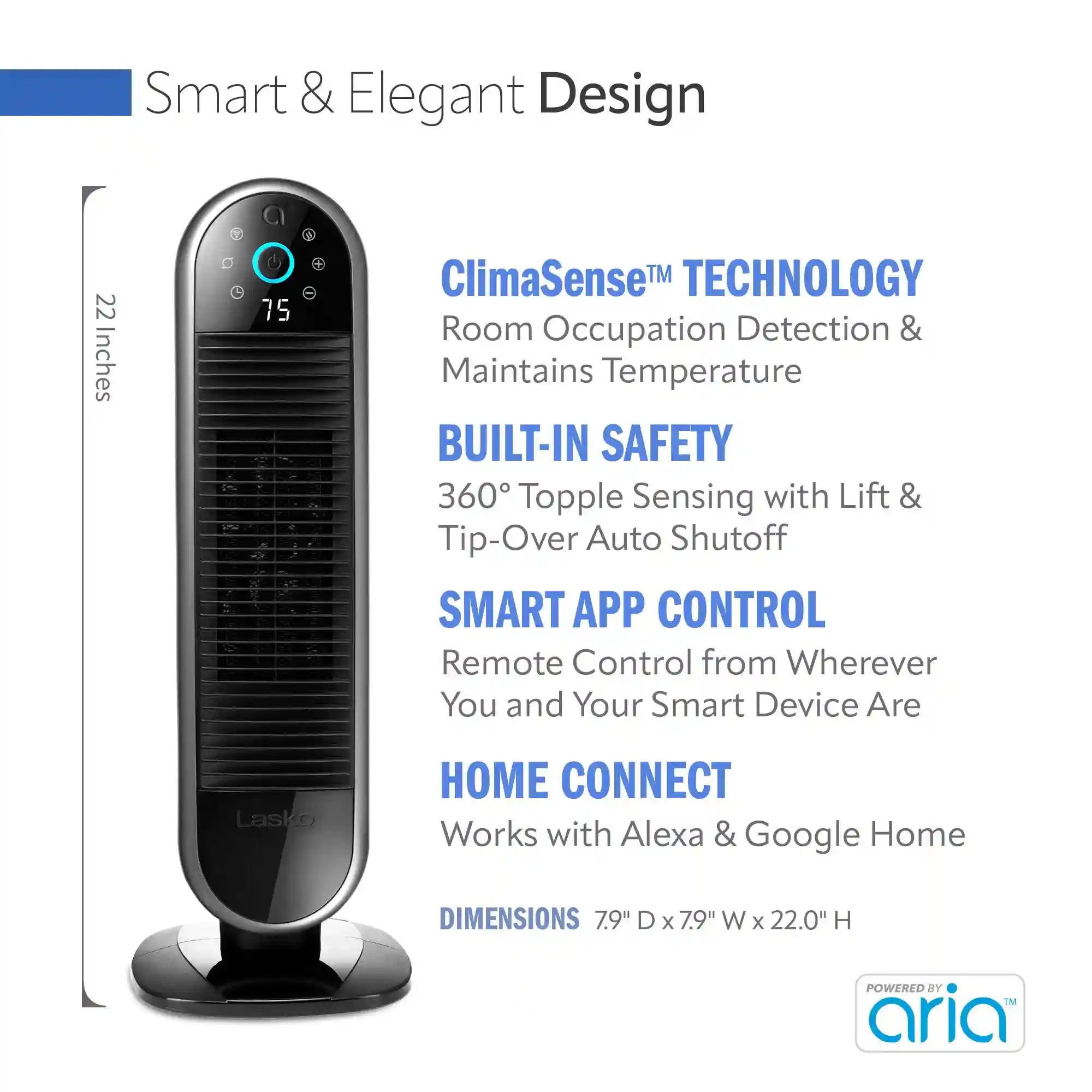 Lasko Aria™ 22" Ceramic Tower Heater (3 heat settings, remote, timer, smart, black)