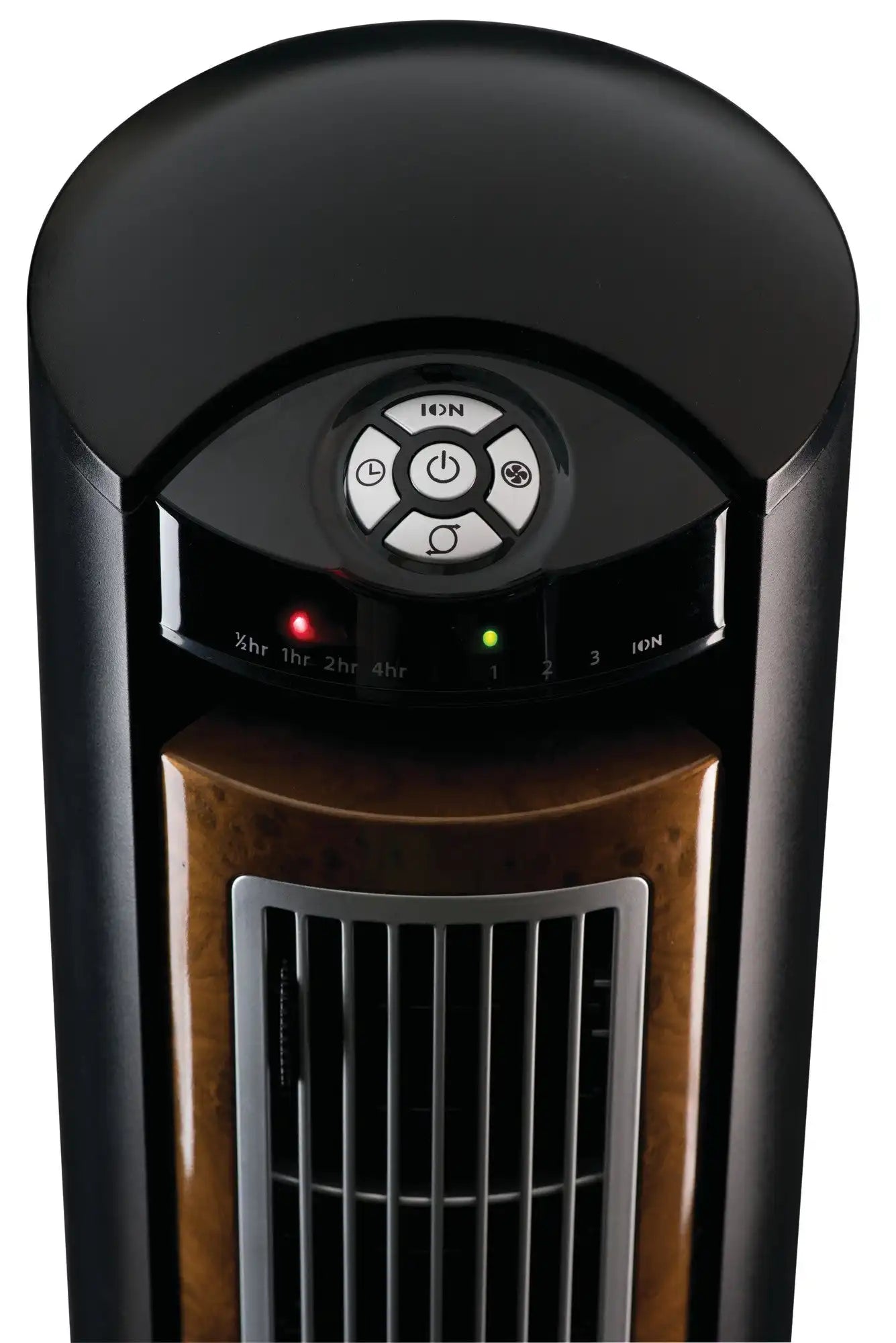 Lasko Wind Curve® 42" Tower Fan (3-speed, remote, timer, ionizer, black/woodgrain)