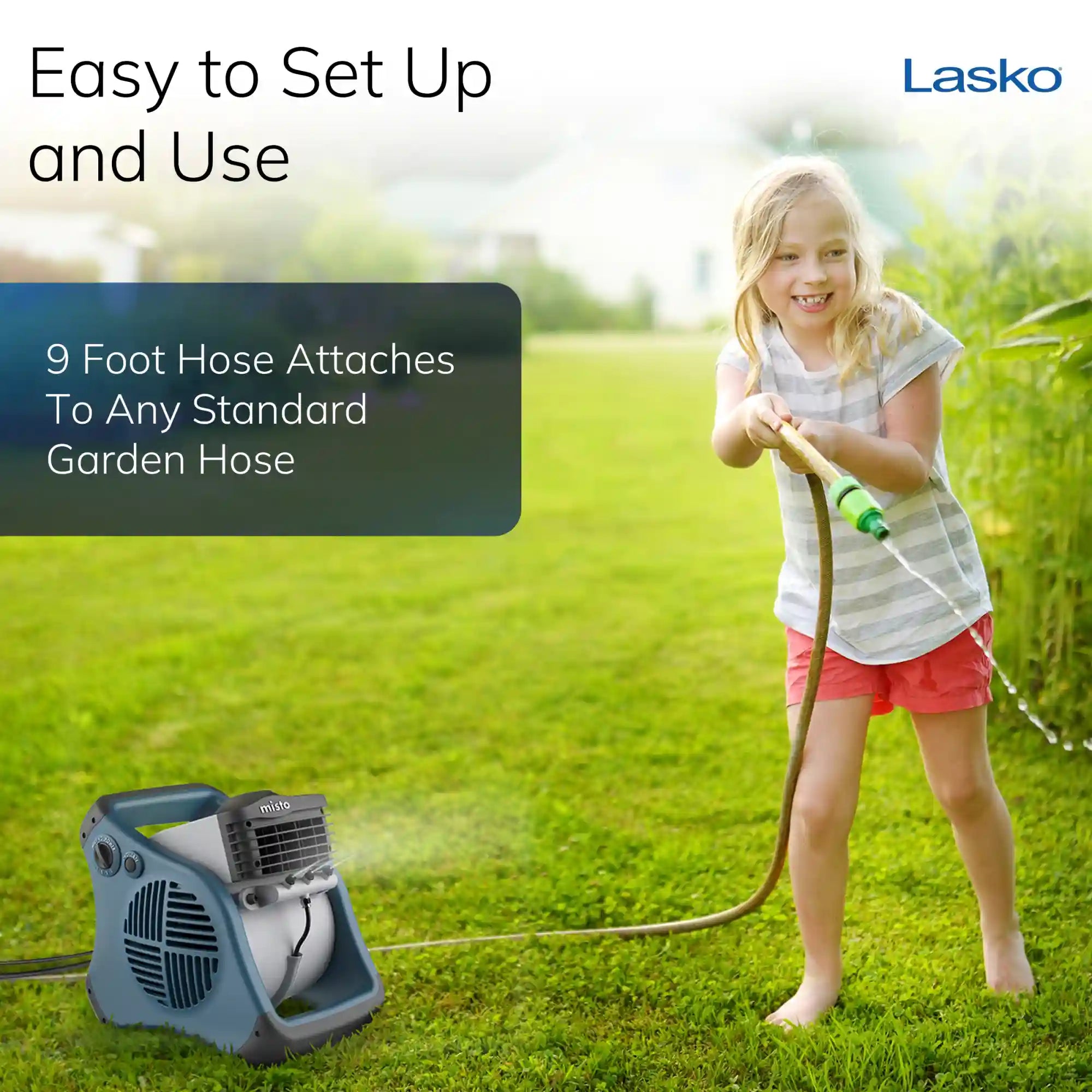 Lasko Misto® Outdoor Misting Fan (3-speed, pivoting, 9' hose, GFCI, blue)