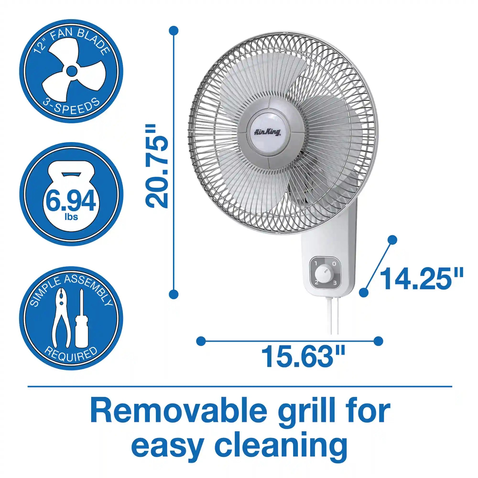 Air King 12" 1/50 HP Commercial Grade Wall Mount Fan (3-speed, manual, white)