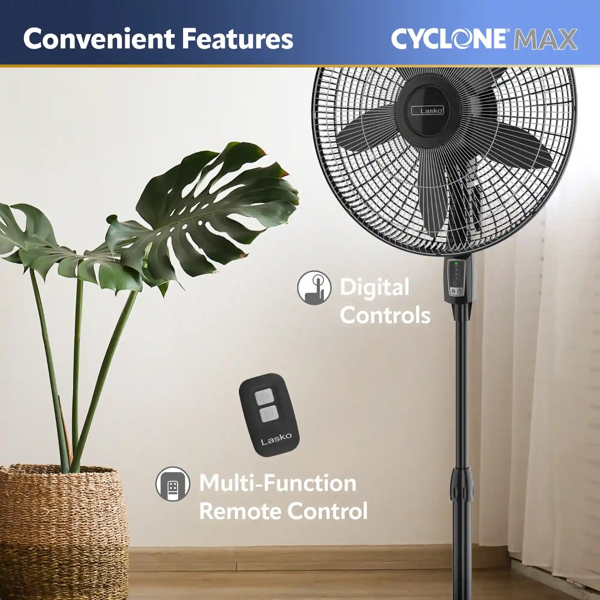 Lasko Cyclone® Max 18" Pedestal Fan (4-speed, remote, timer, black)