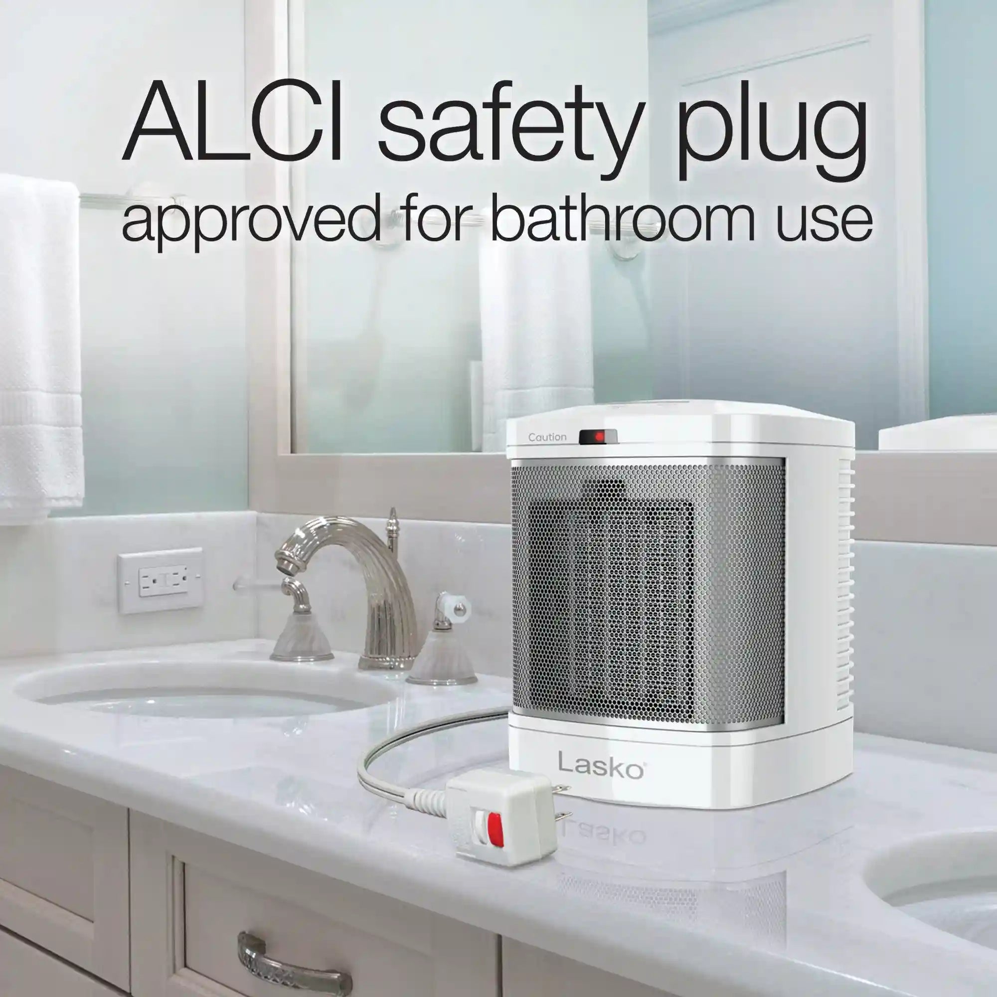 Lasko 8" Bathroom Ceramic Heater (2 heat settings, timer, ALCI saftey plug, white)
