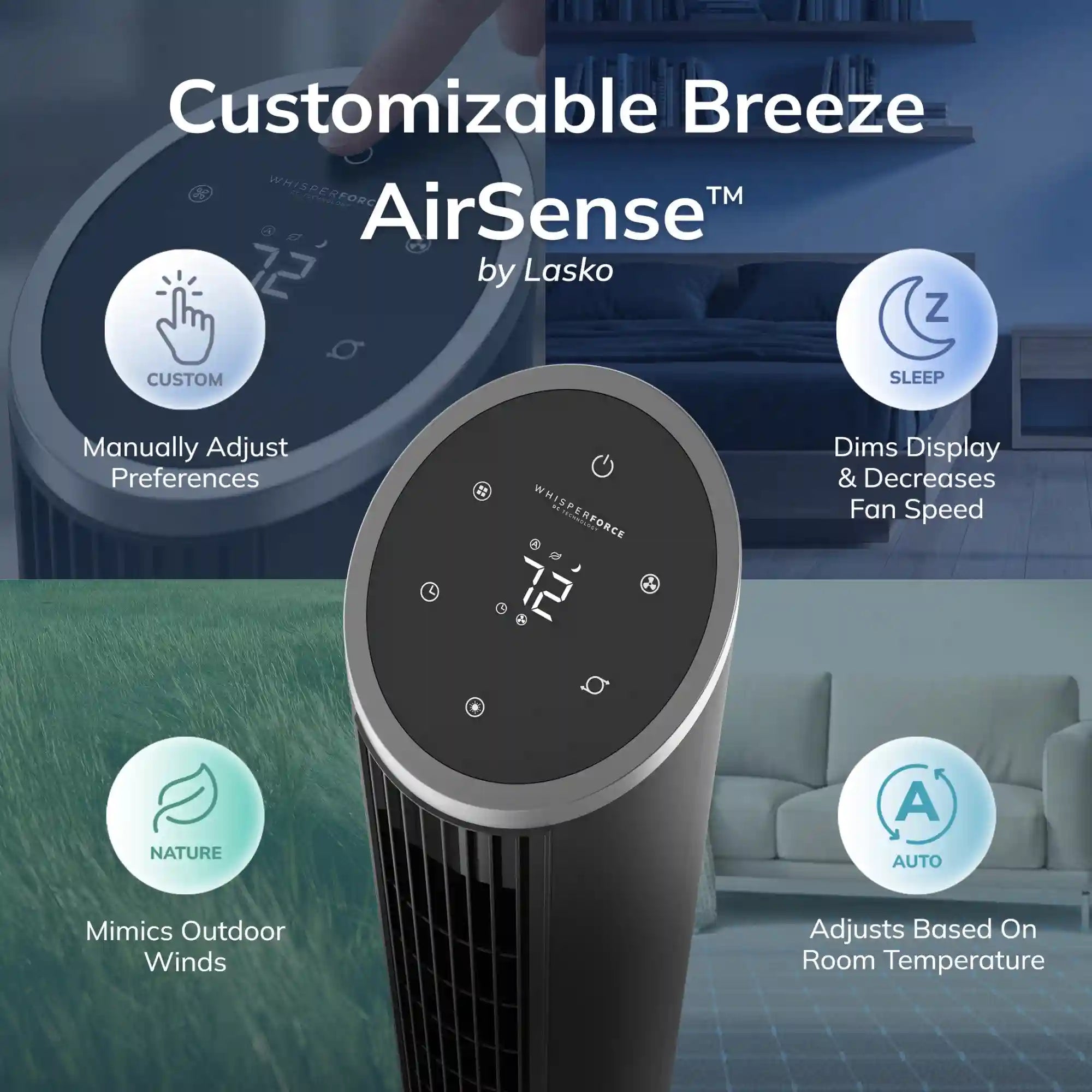 Lasko WhisperForce™ DC 36" Tower Fan (12-speed, remote, timer, air filtration, black)