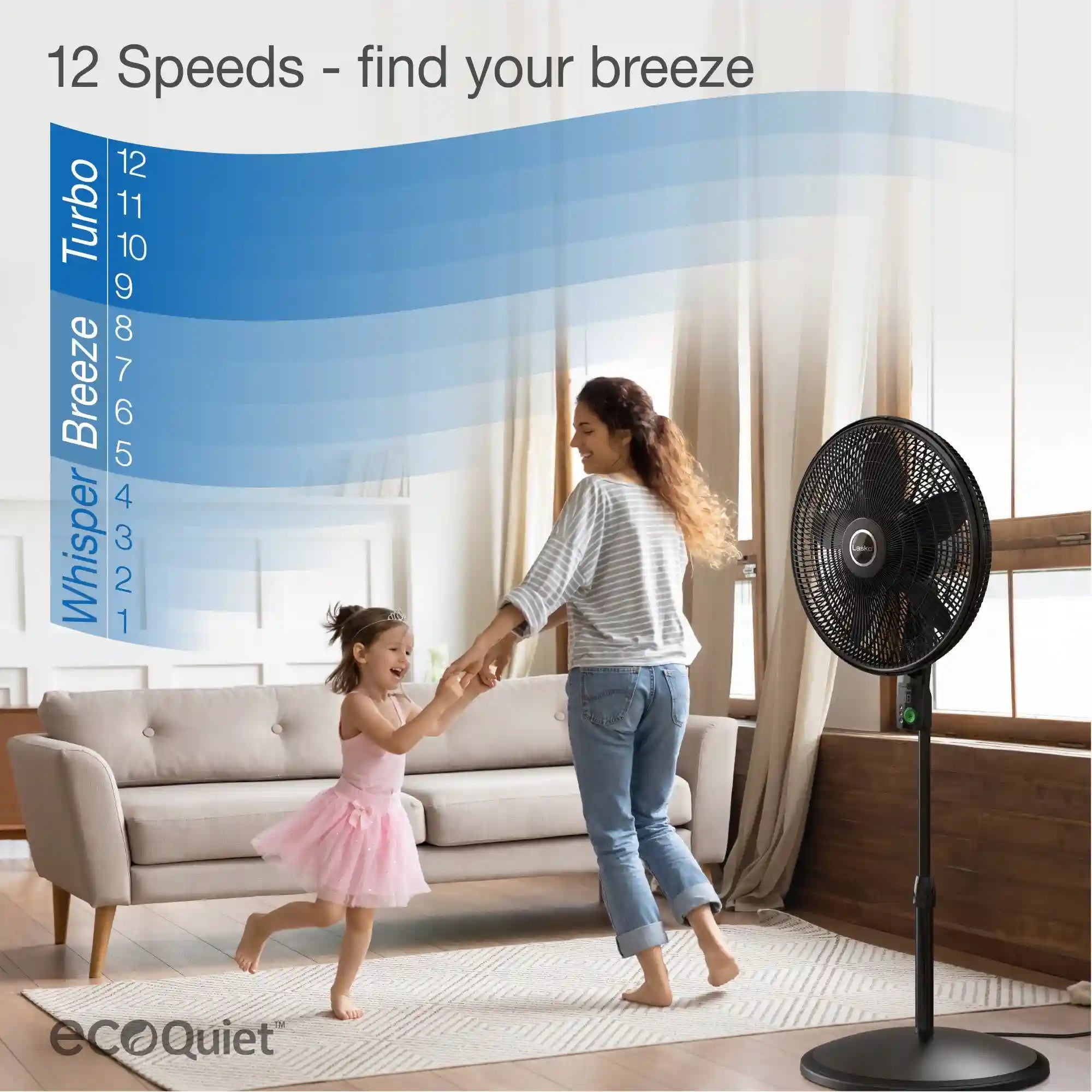 Lasko WhisperForce™ 18" 4-speed EcoQuiet DC Motor Pedestal Fan with Remote & Timer (black, model S18708)