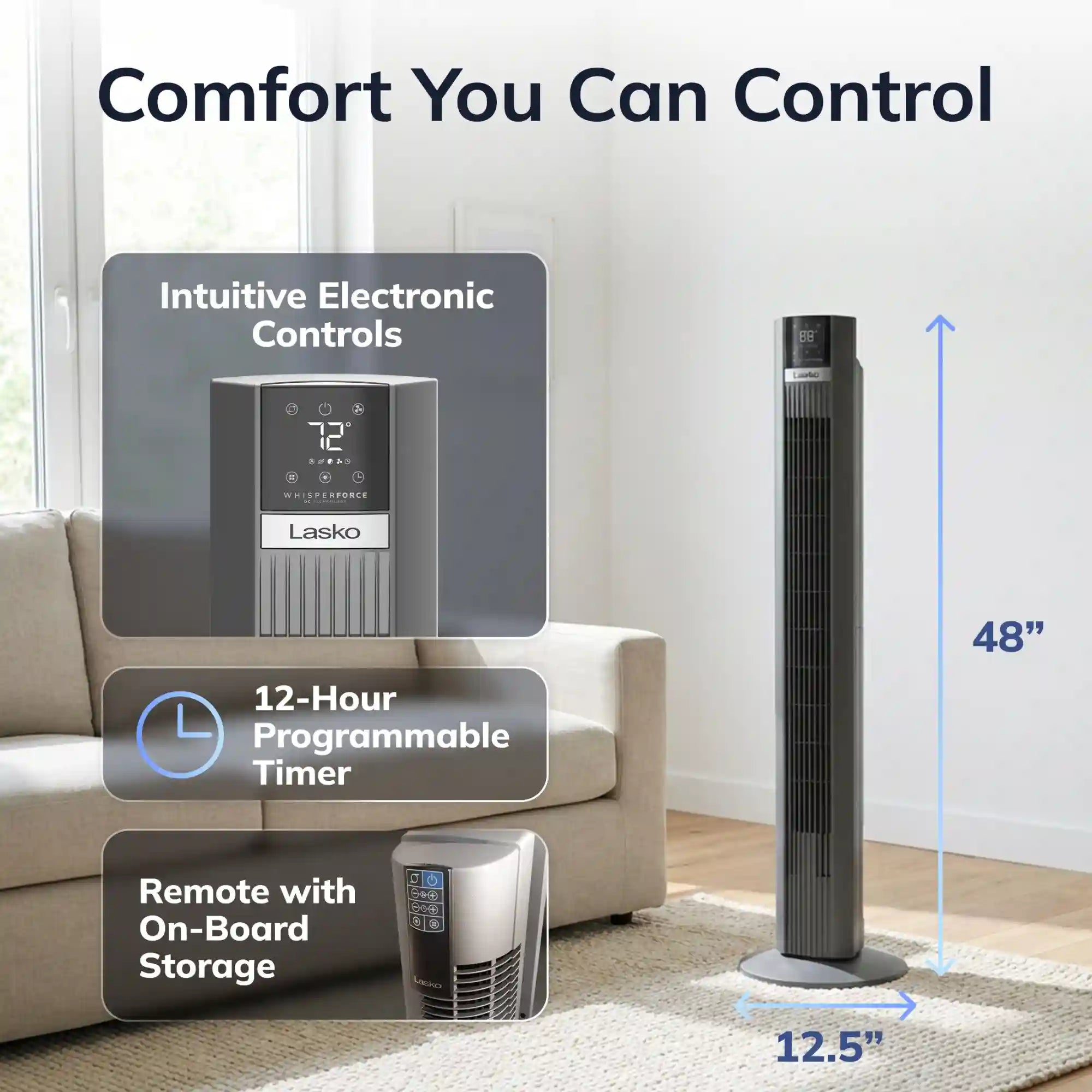Lasko WhisperForce™ DC 48" Tower Fan (12-speed, remote, timer, gray)