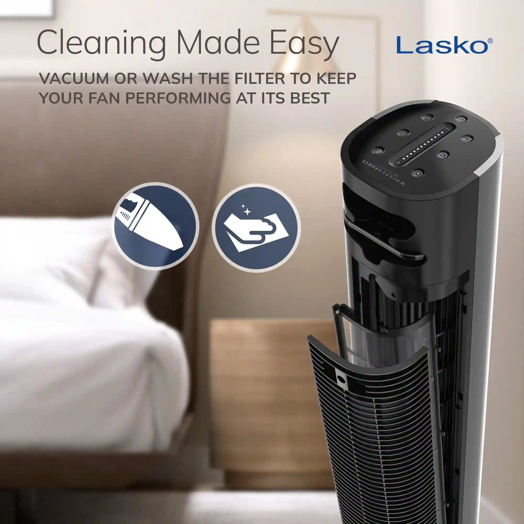 Lasko WhisperForce™ DC 40" Tower Fan (12-speed, remote, timer, air filtration, black)