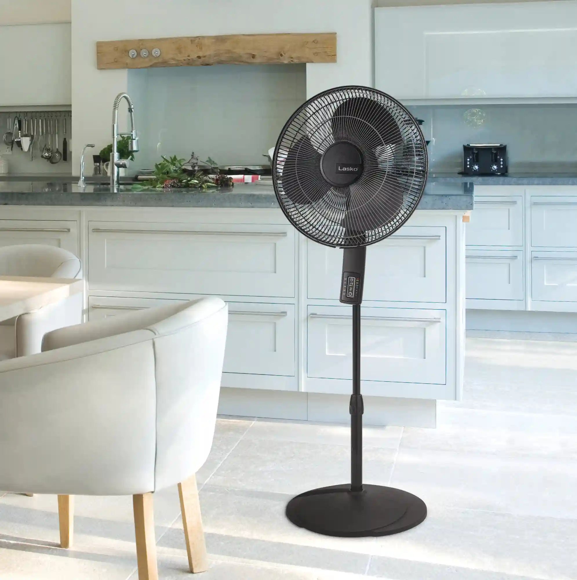 Lasko 16" Pedestal Fan (4-speed, remote, timer, thermostat, black)