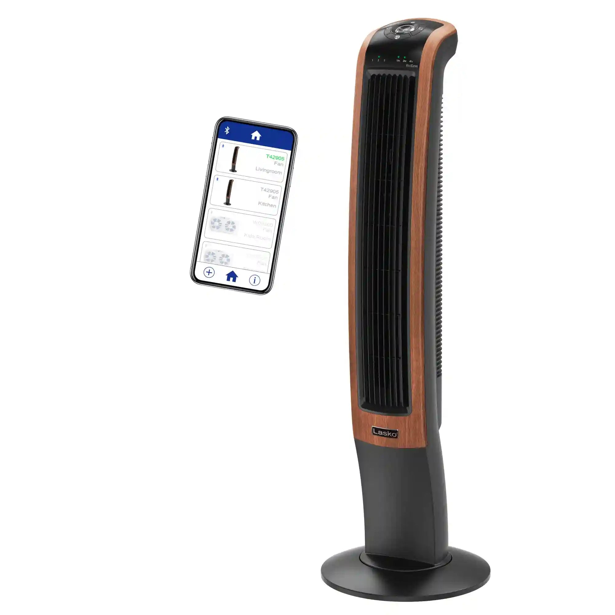 Lasko Wind Curve® 42" Tower Fan (3-speed, remote, timer, bluetooth, black/woodgrain)