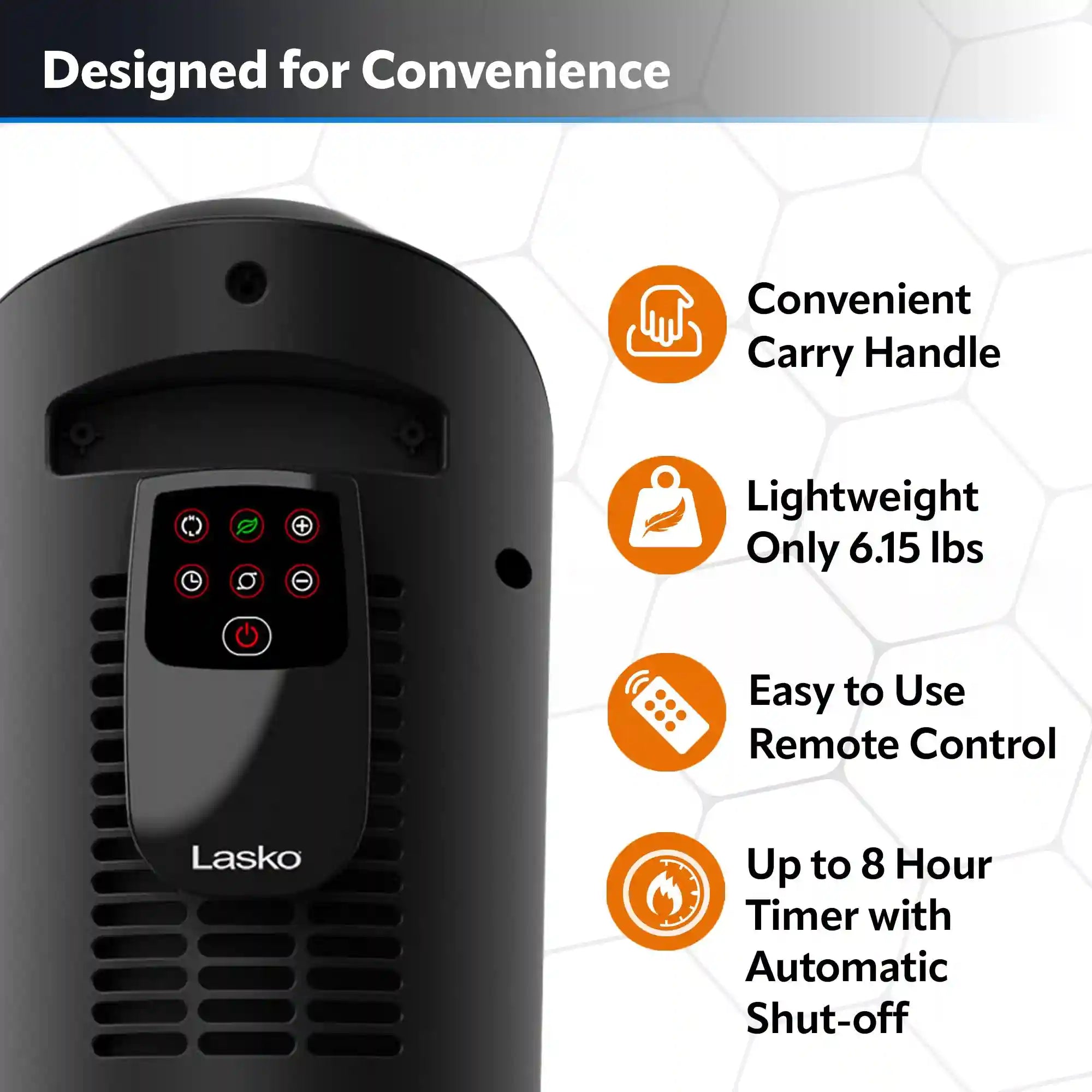 Lasko 23" Ceramic Tower Heater (2 heat settings, remote, timer, thermostat, tip-over switch, black)