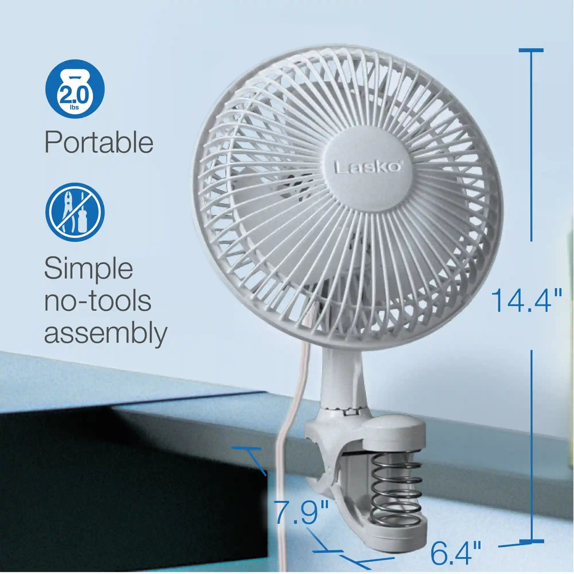 Lasko 6" Personal Clip-On Fan (2-speed, manual, white)