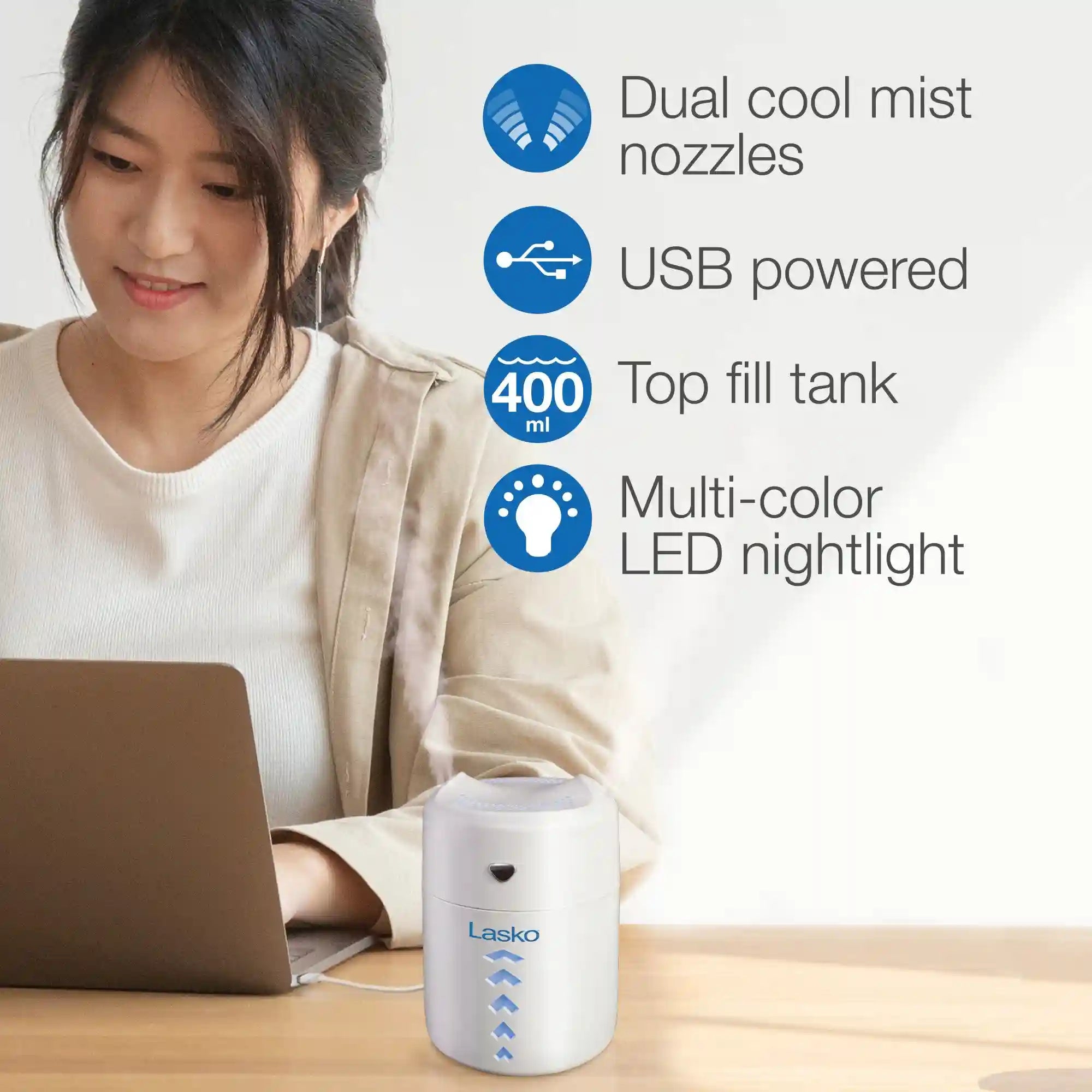 Lasko Ultrasonic Personal Cool Mist Humidifier with Nightlight, UH150, White