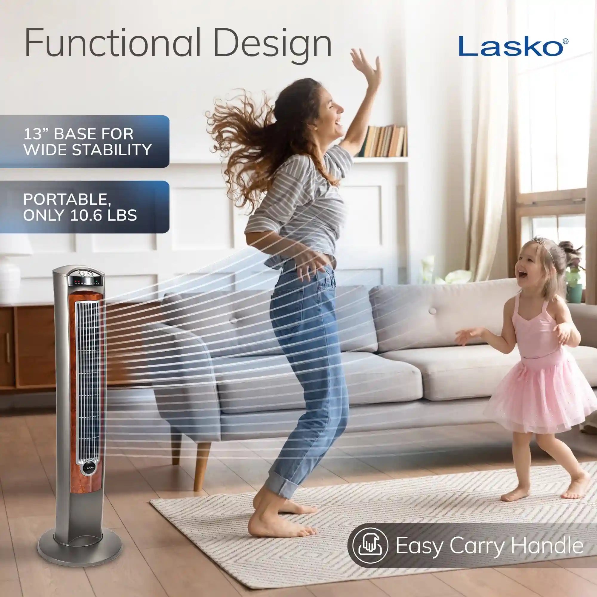 Lasko Wind Curve® 42" Tower Fan (3-speed, remote, timer, gray/woodgrain)