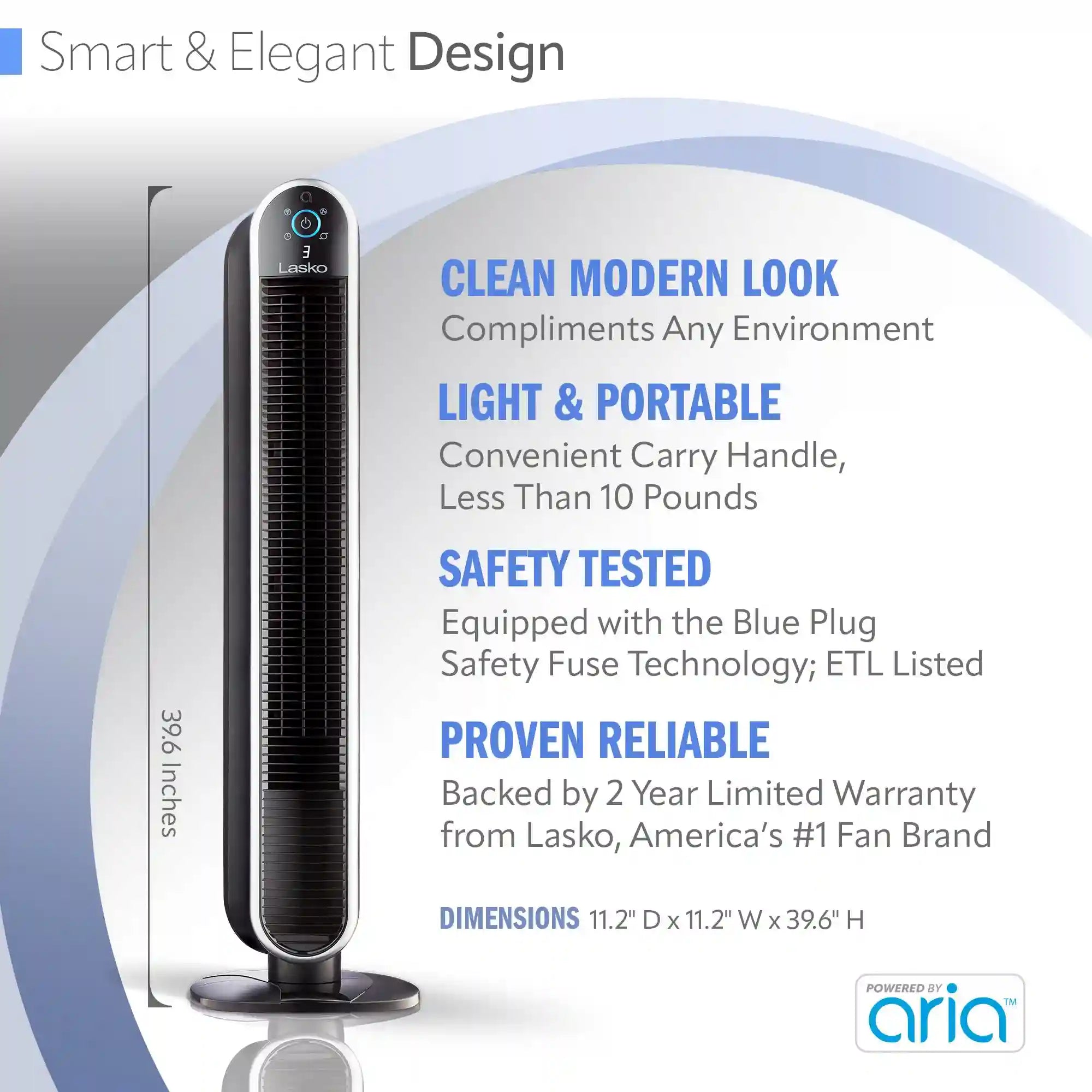 Lasko Aria™ 40" Tower (5-speed, remote, timer, black)
