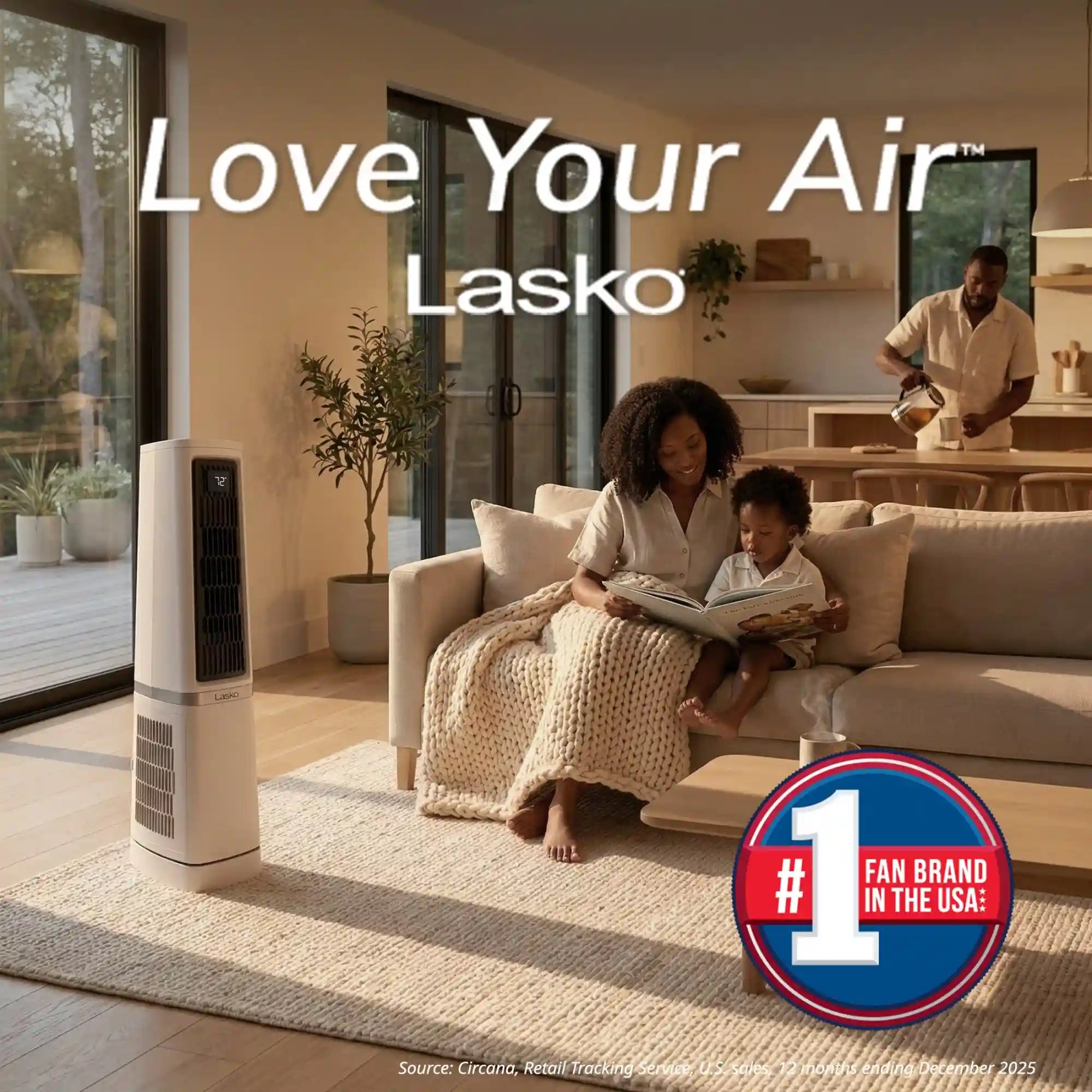 Lasko High Velocity WhisperForce™ DC 35" Tower Fan (12-speed, remote, timer, 90° oscillation, air filtration, black)
