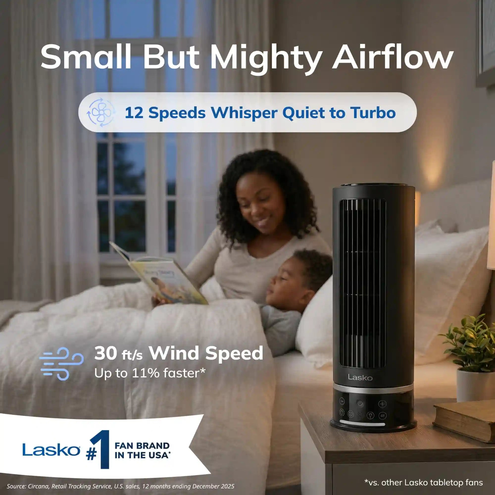 Lasko WhisperForce™ DC 14" Table Top Fan (12-speed, remote, timer, black)