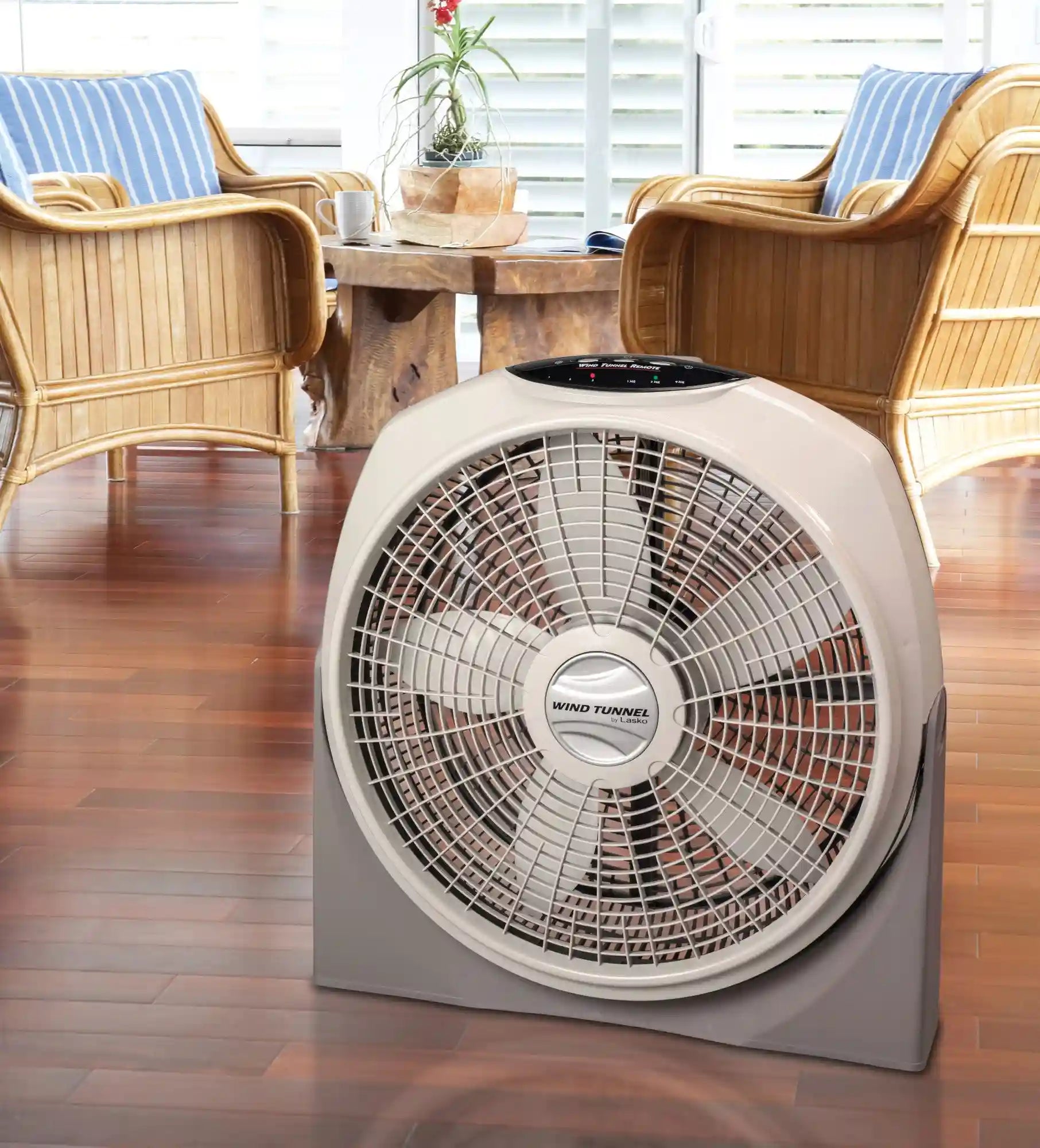 Lasko Wind Tunnel® 20" Air Circulator Floor Fan (3-speed, remote, timer, 360° airflow, gray)
