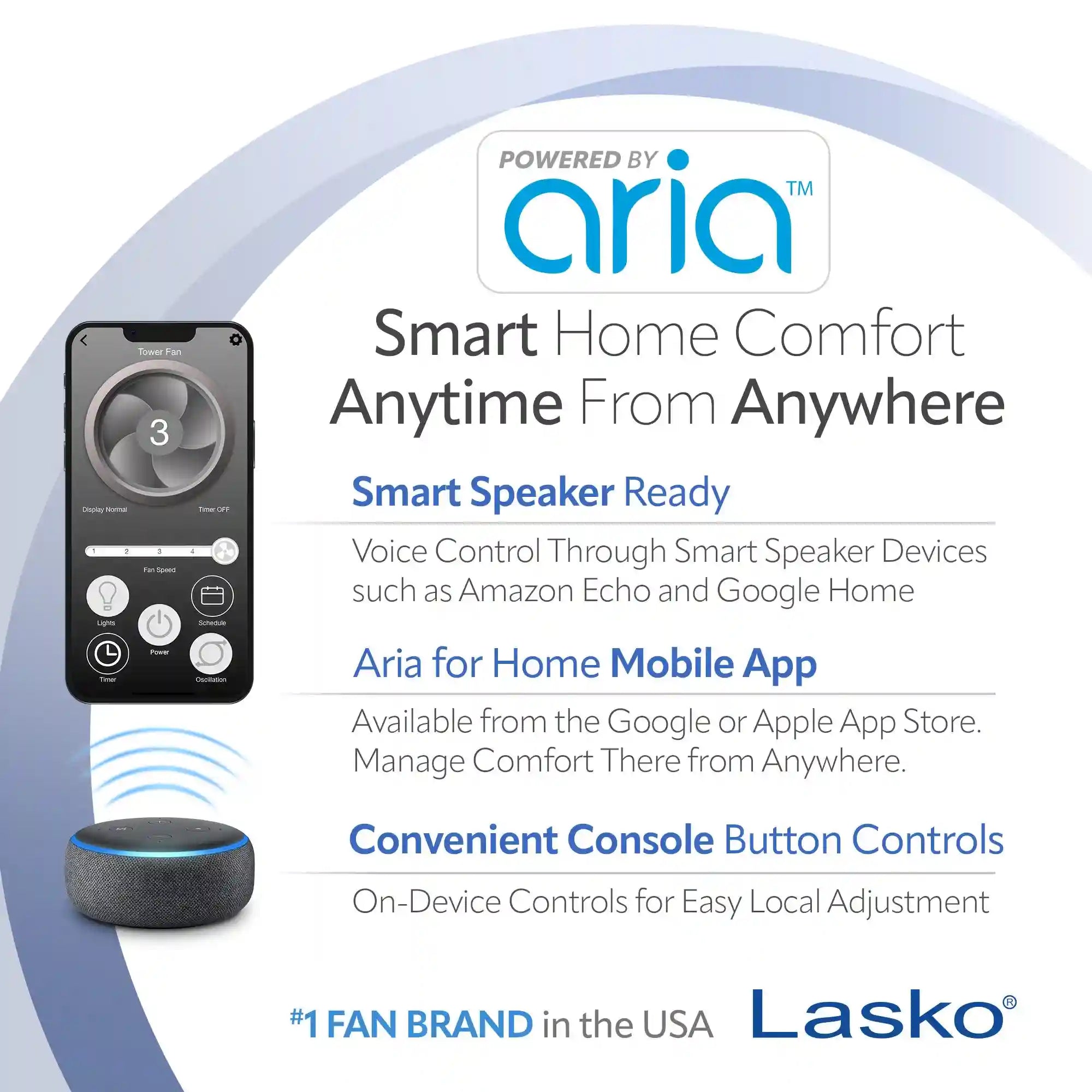 Lasko Aria™ 40" Tower (5-speed, remote, timer, white)