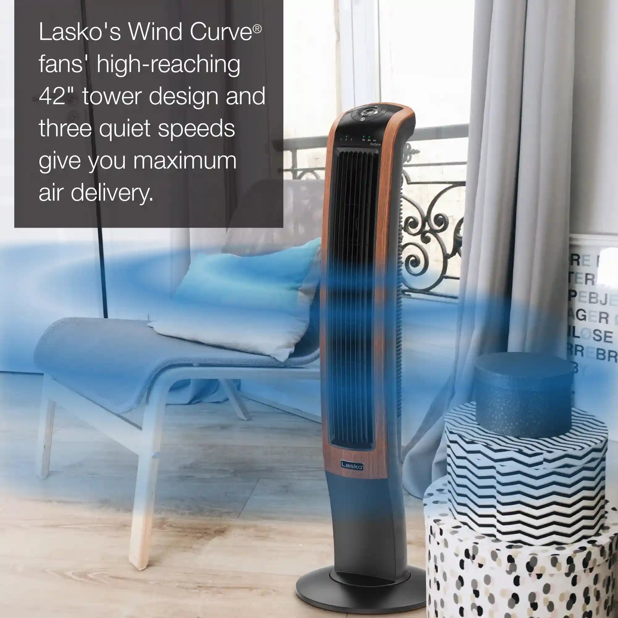 Lasko Wind Curve® 42" Tower Fan (3-speed, remote, timer, bluetooth, black/woodgrain)