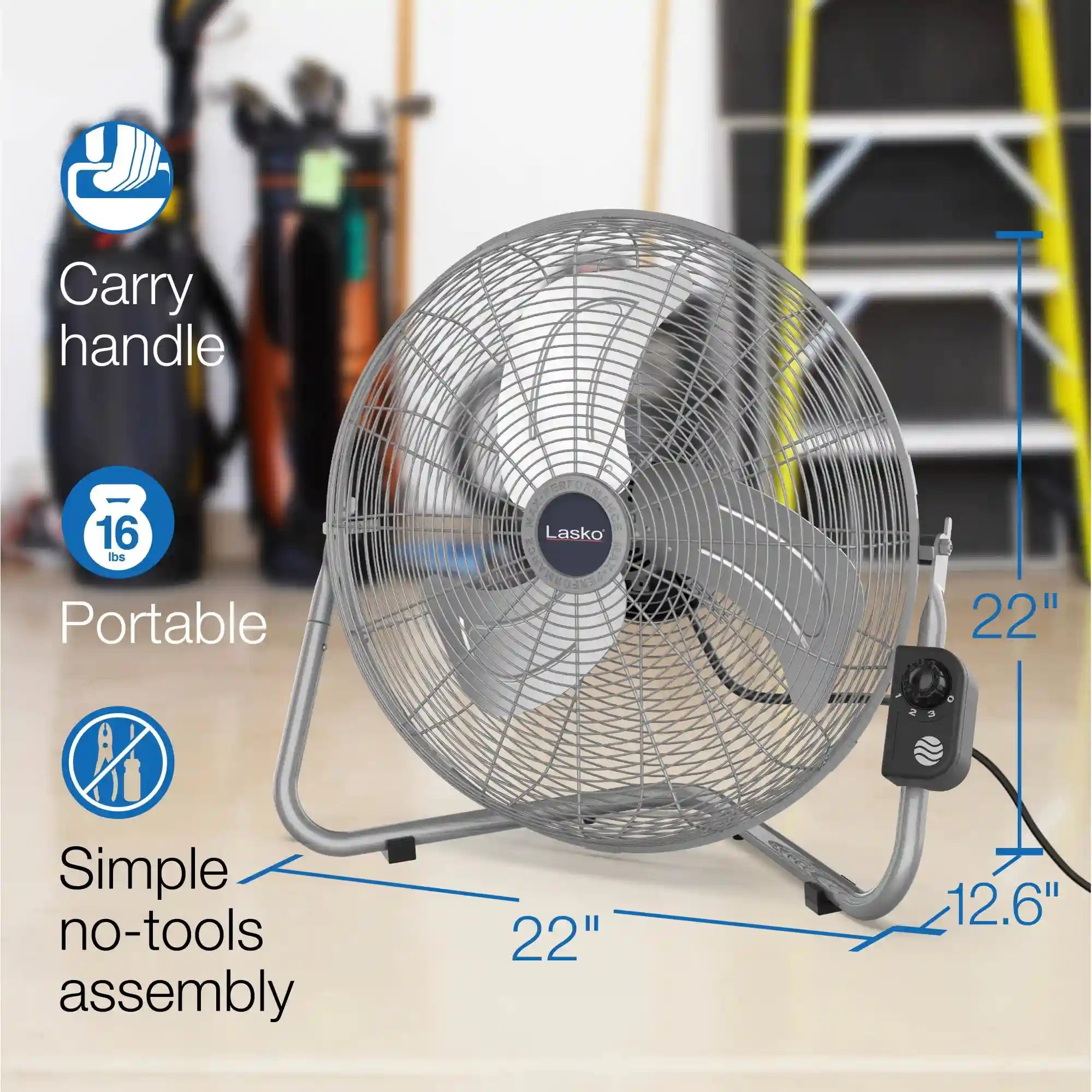 Lasko QuickMount® 20" High Velocity Floor & Wall Mount Fan (3-speed, manual, silver)