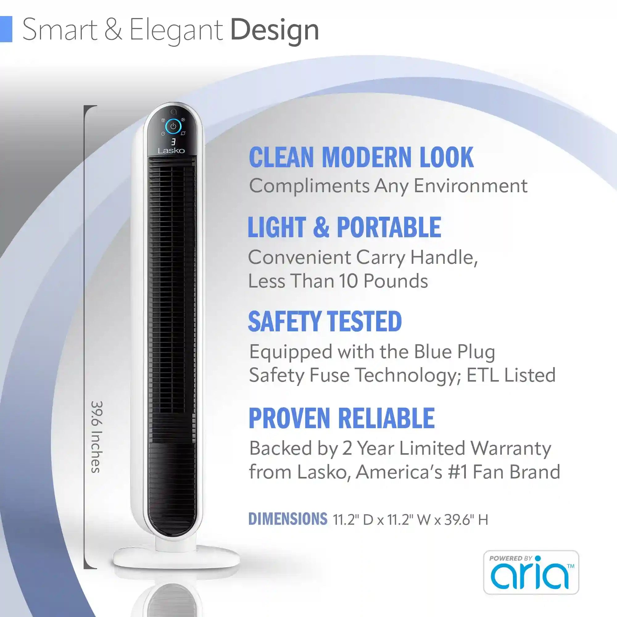 Lasko Aria™ 40" Tower (5-speed, remote, timer, white)