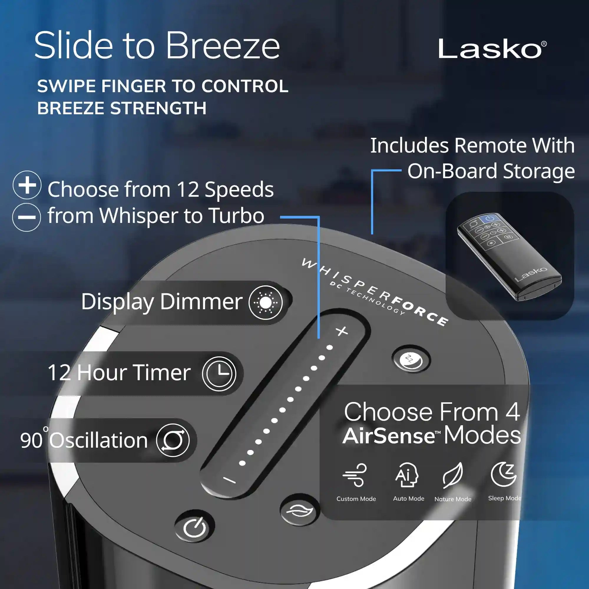 Lasko WhisperForce™ DC 40" Tower Fan (12-speed, remote, timer, air filtration, black)
