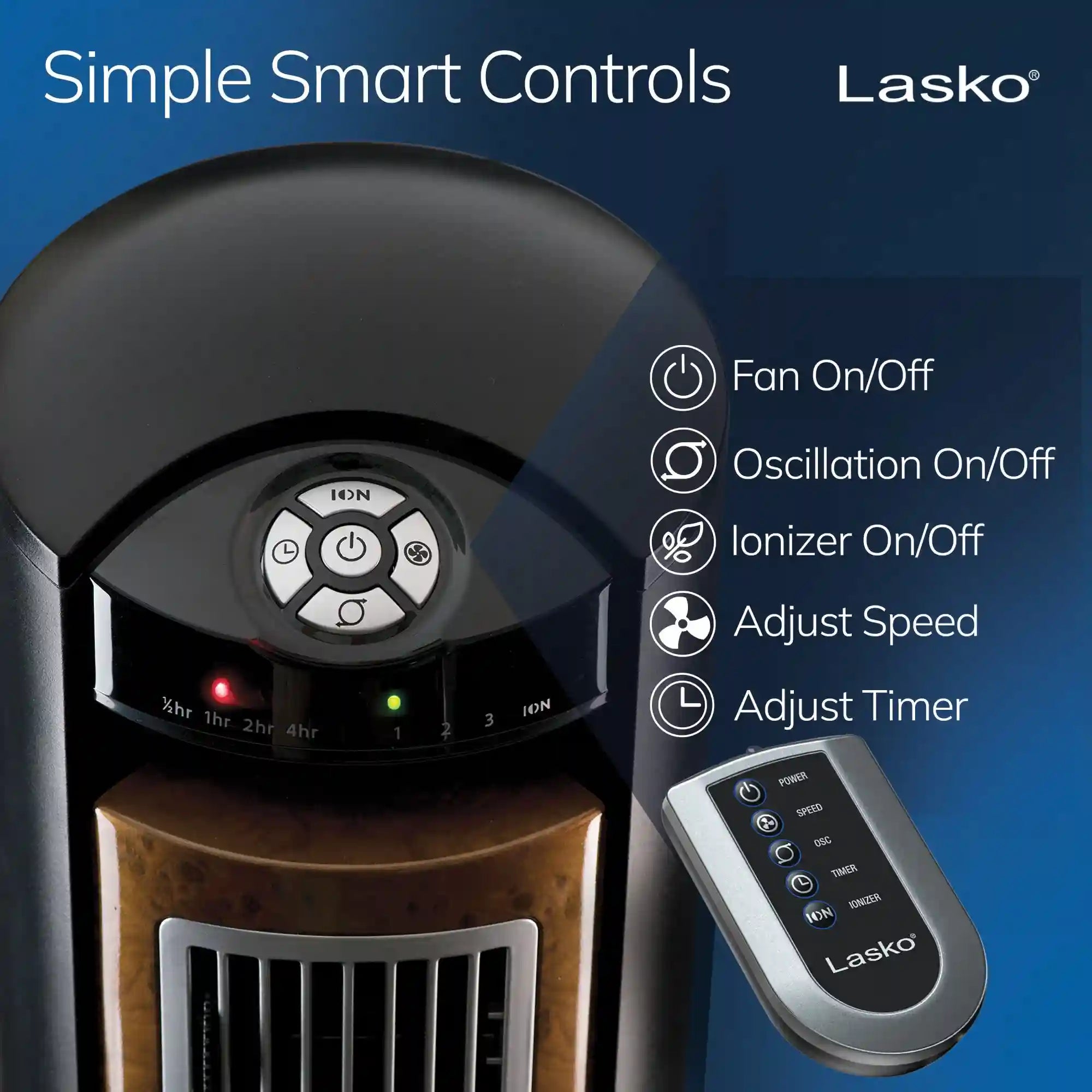 Lasko Wind Curve® 42" Tower Fan (3-speed, remote, timer, ionizer, black/woodgrain)