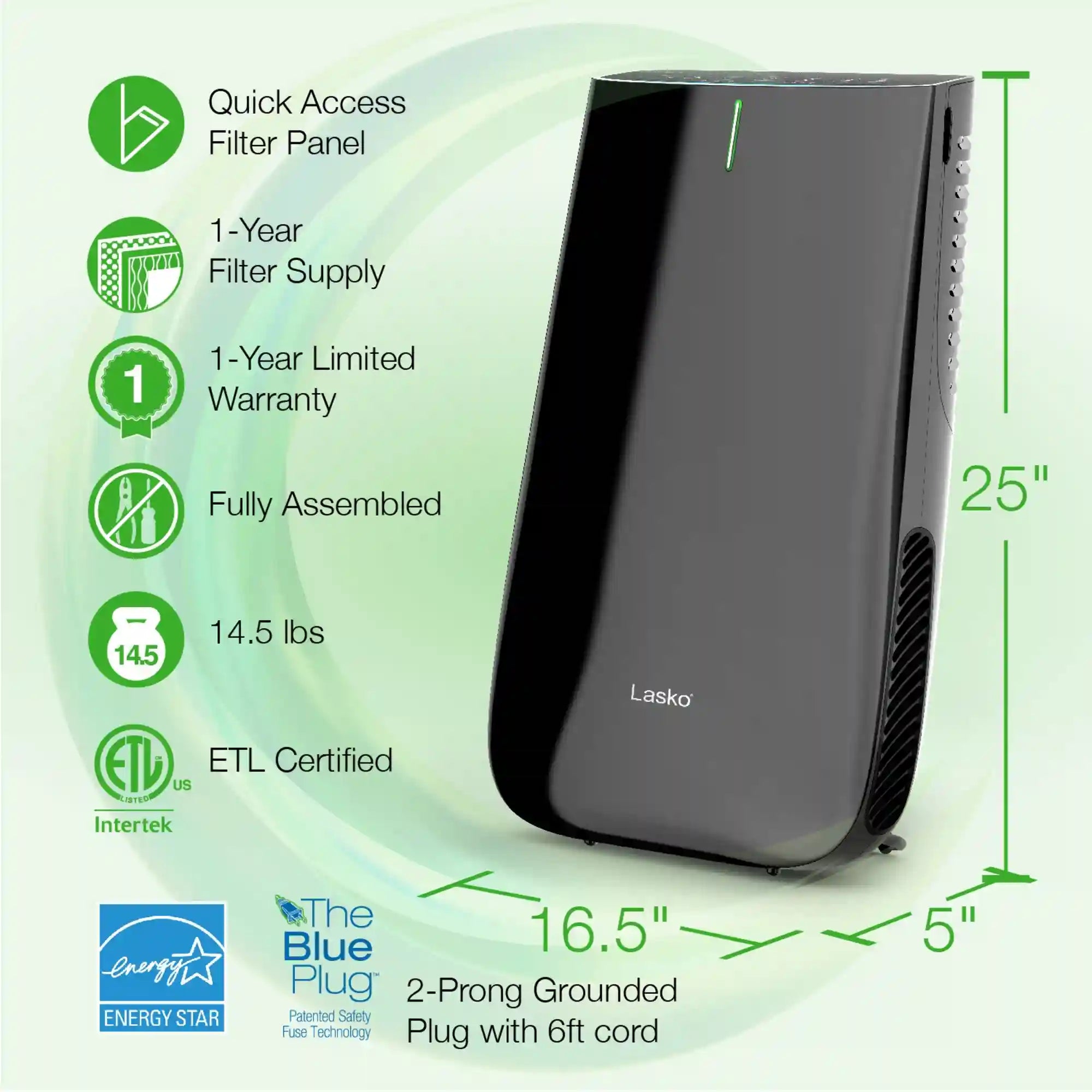 Lasko HF25630 Pure Platinum HEPA 28" Console Air Purifier (3-speed 3-stage UV-C filtration, black)