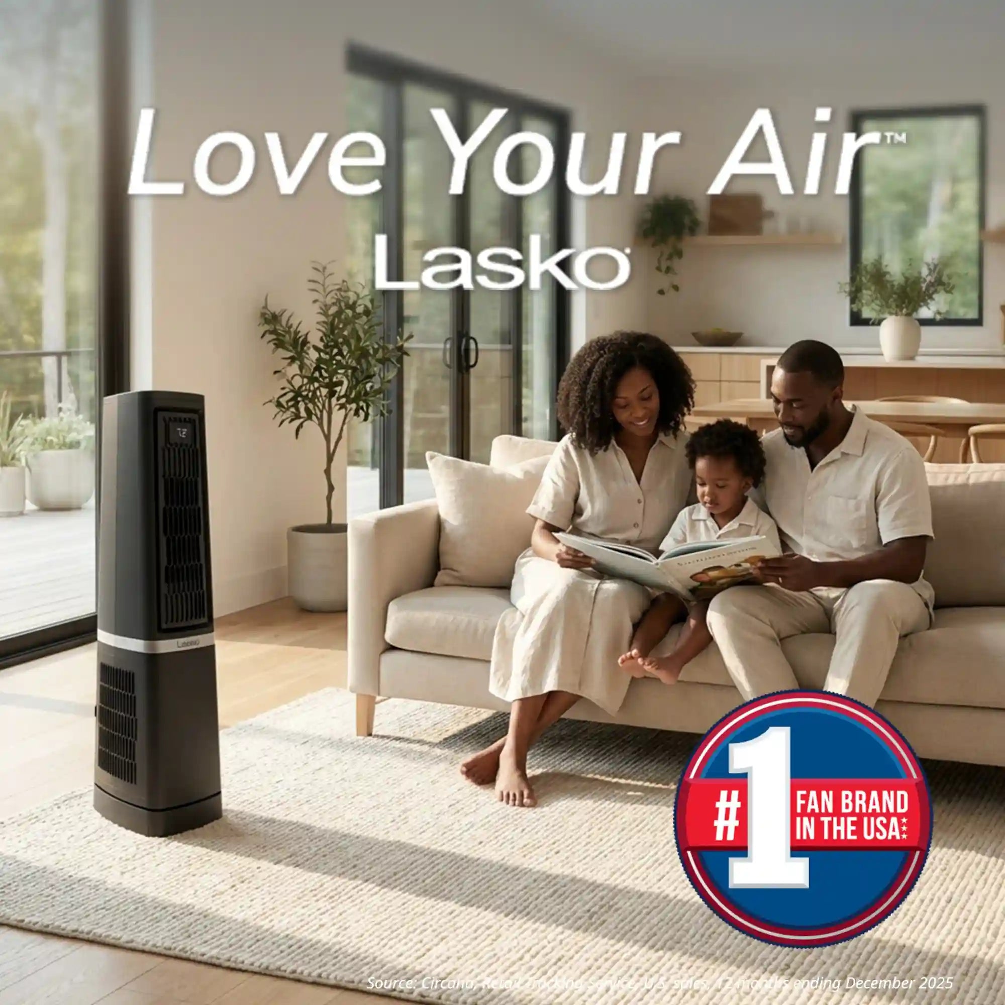 Lasko High Velocity WhisperForce™ DC 35" Tower Fan (12-speed, remote, timer, 90° oscillation, black)