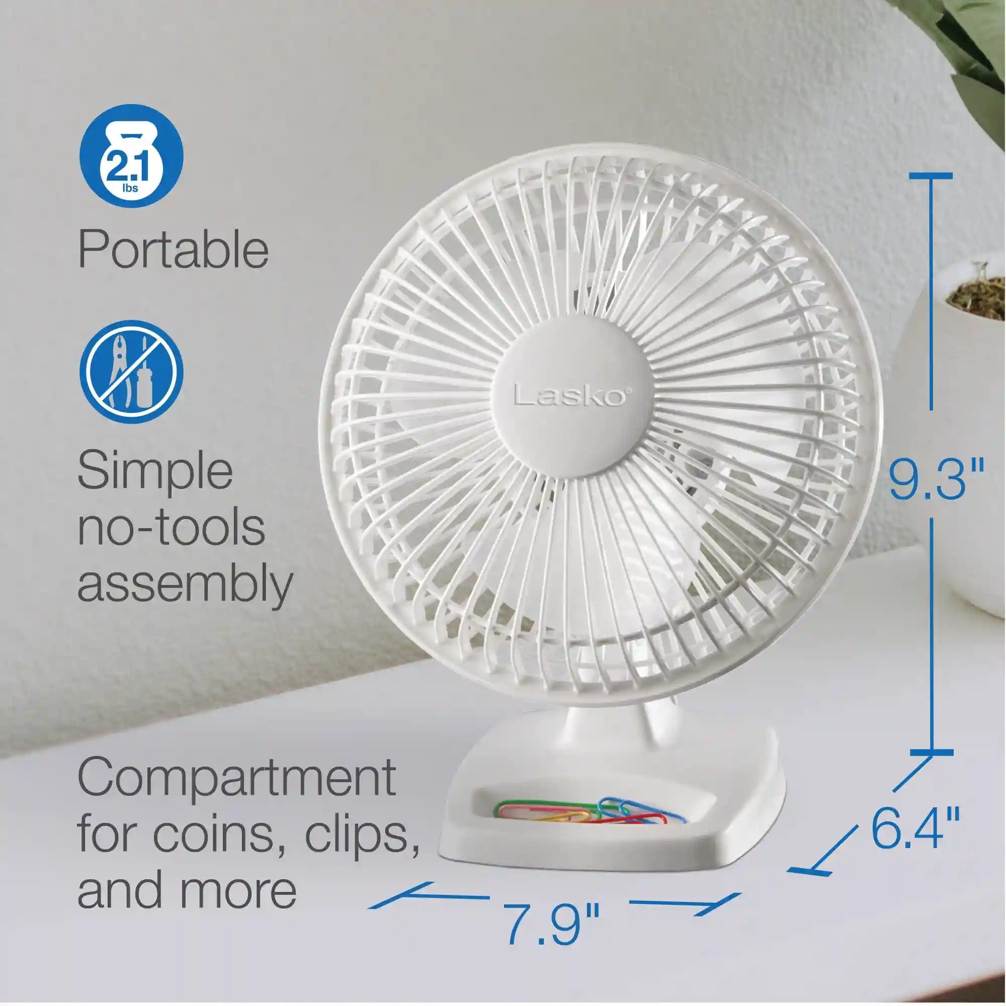 Lasko 6" Table Top Fan (2-speed, manual, white)