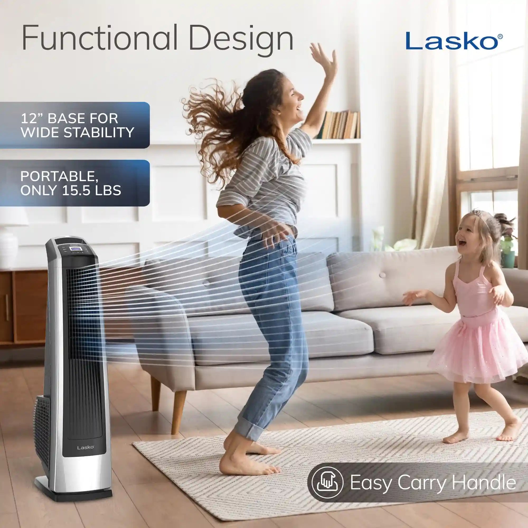 Lasko High Velocity 35" Tower Fan (3-speed, remote, timer, silver/black)