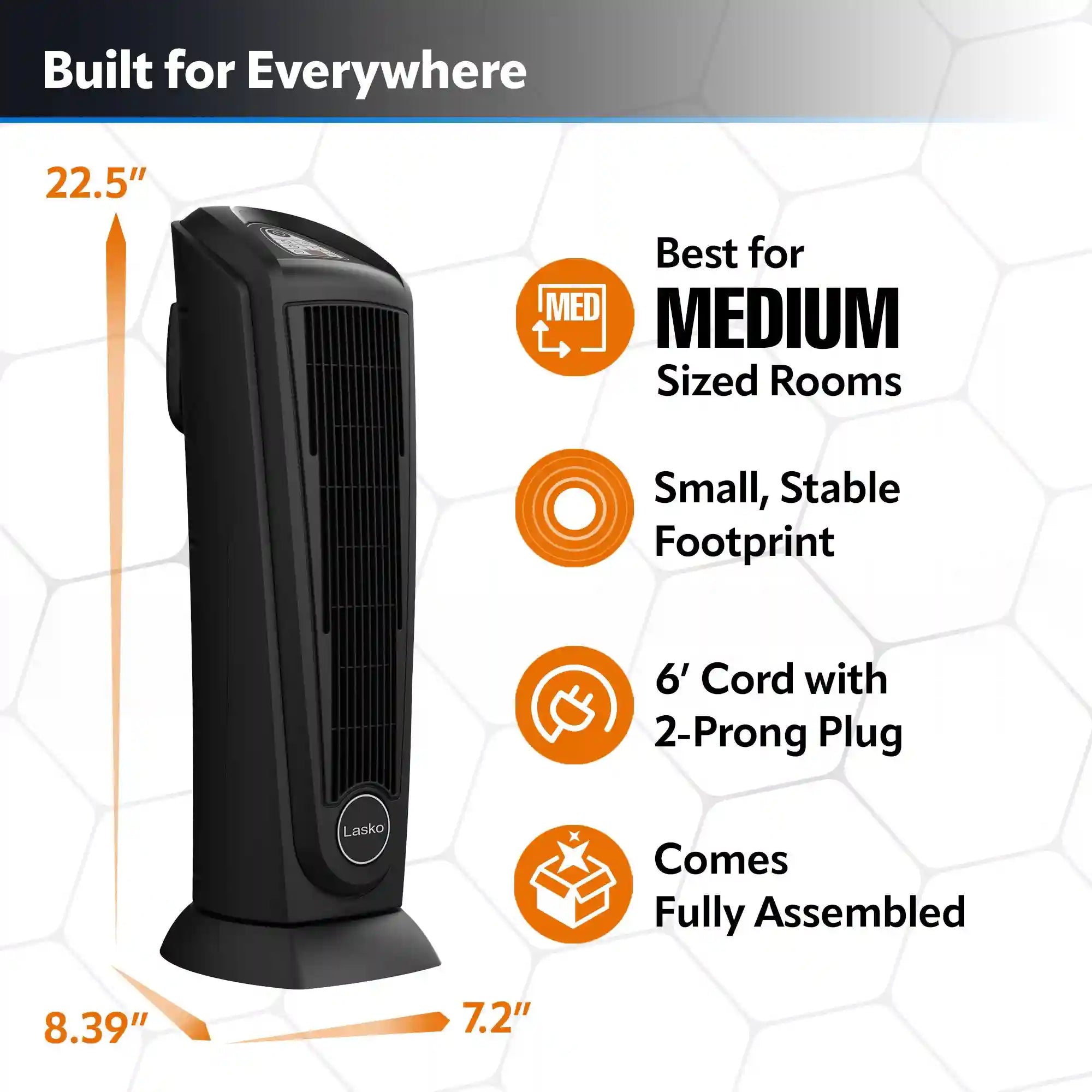 Lasko 23" Ceramic Tower Heater (2 heat settings, remote, timer, thermostat, tip-over switch, black)