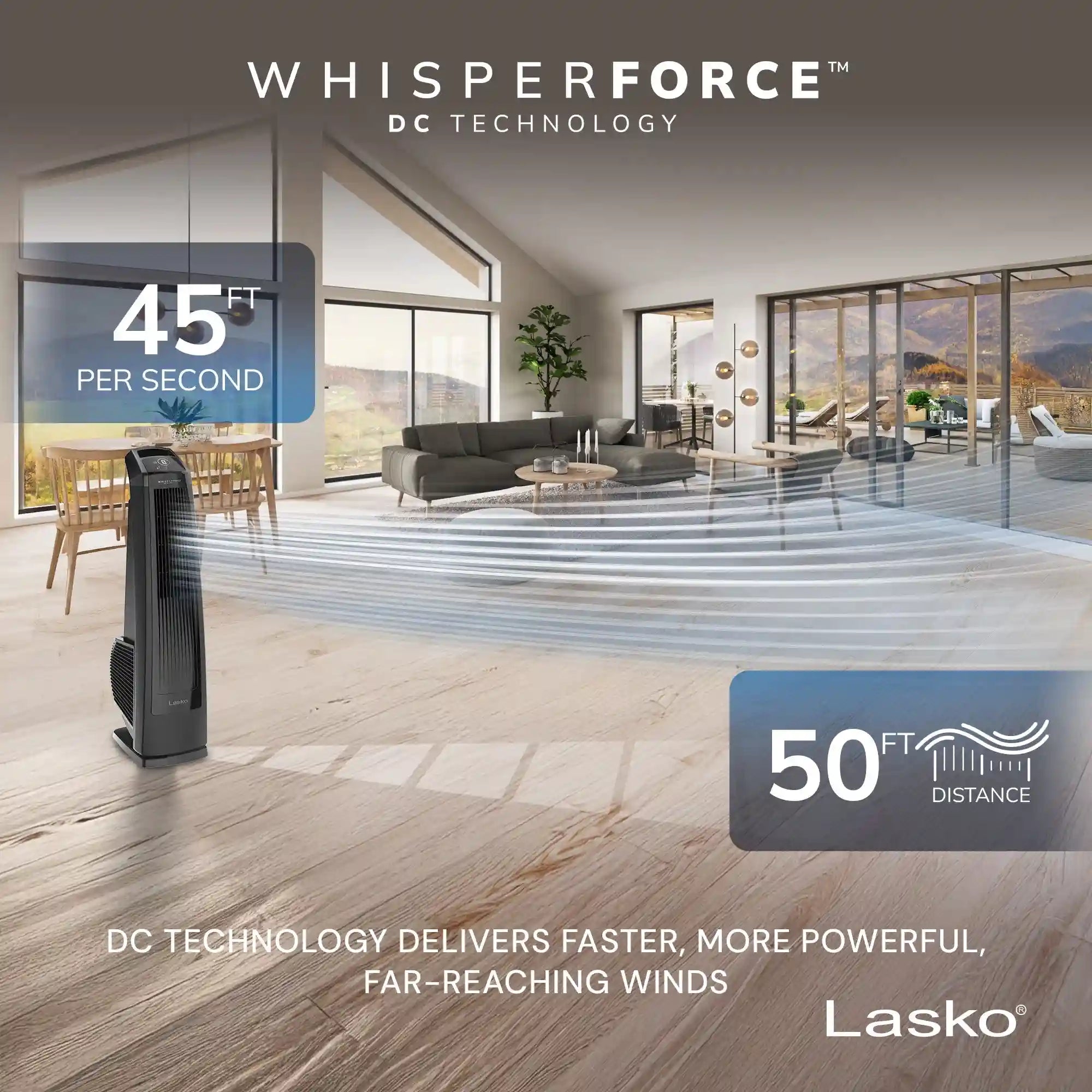 Lasko High Velocity WhisperForce™ DC 35" Tower Fan (9-speed, remote, timer, black)