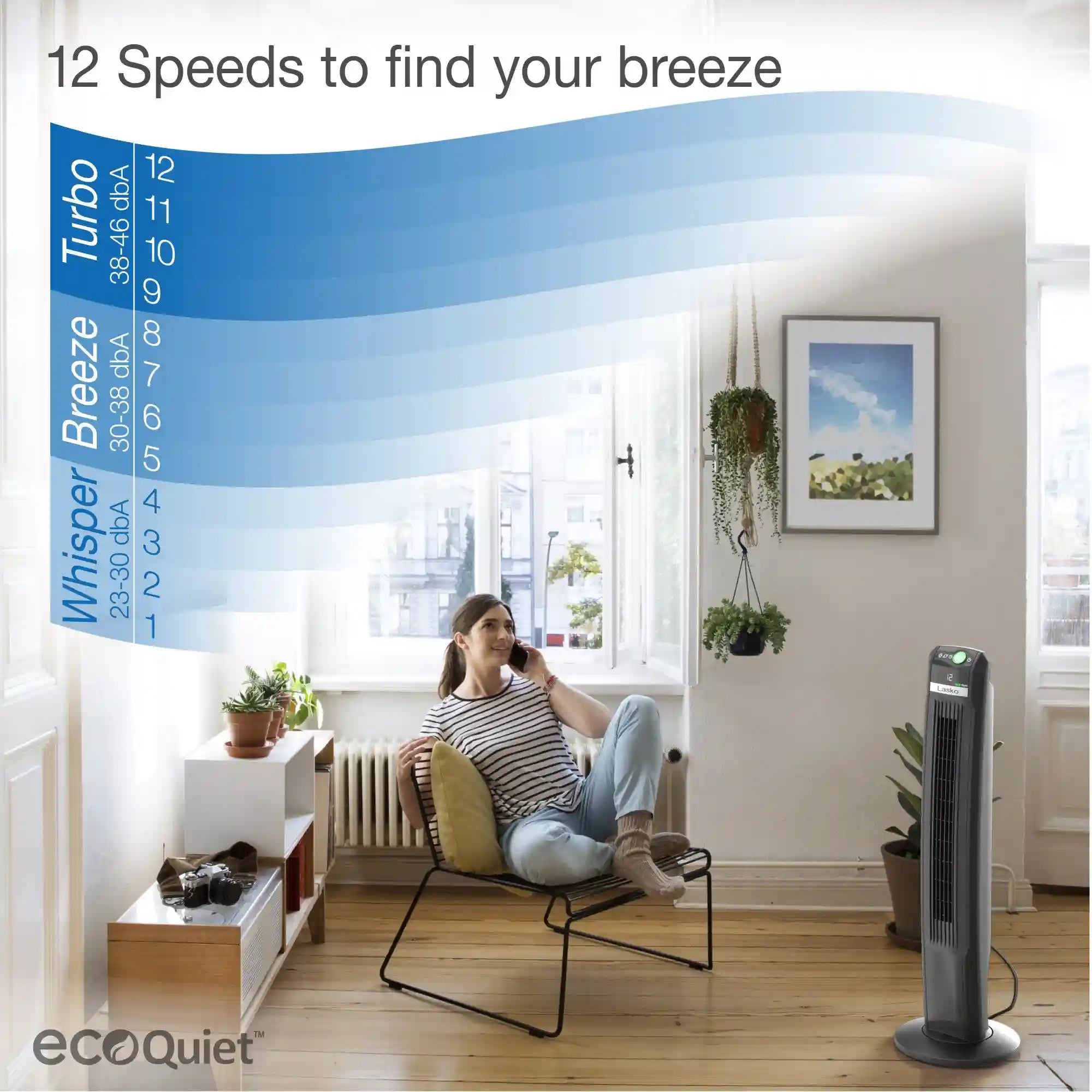 Lasko EcoQuiet DC 42" Tower Fan (12-speed, remote, timer, black)