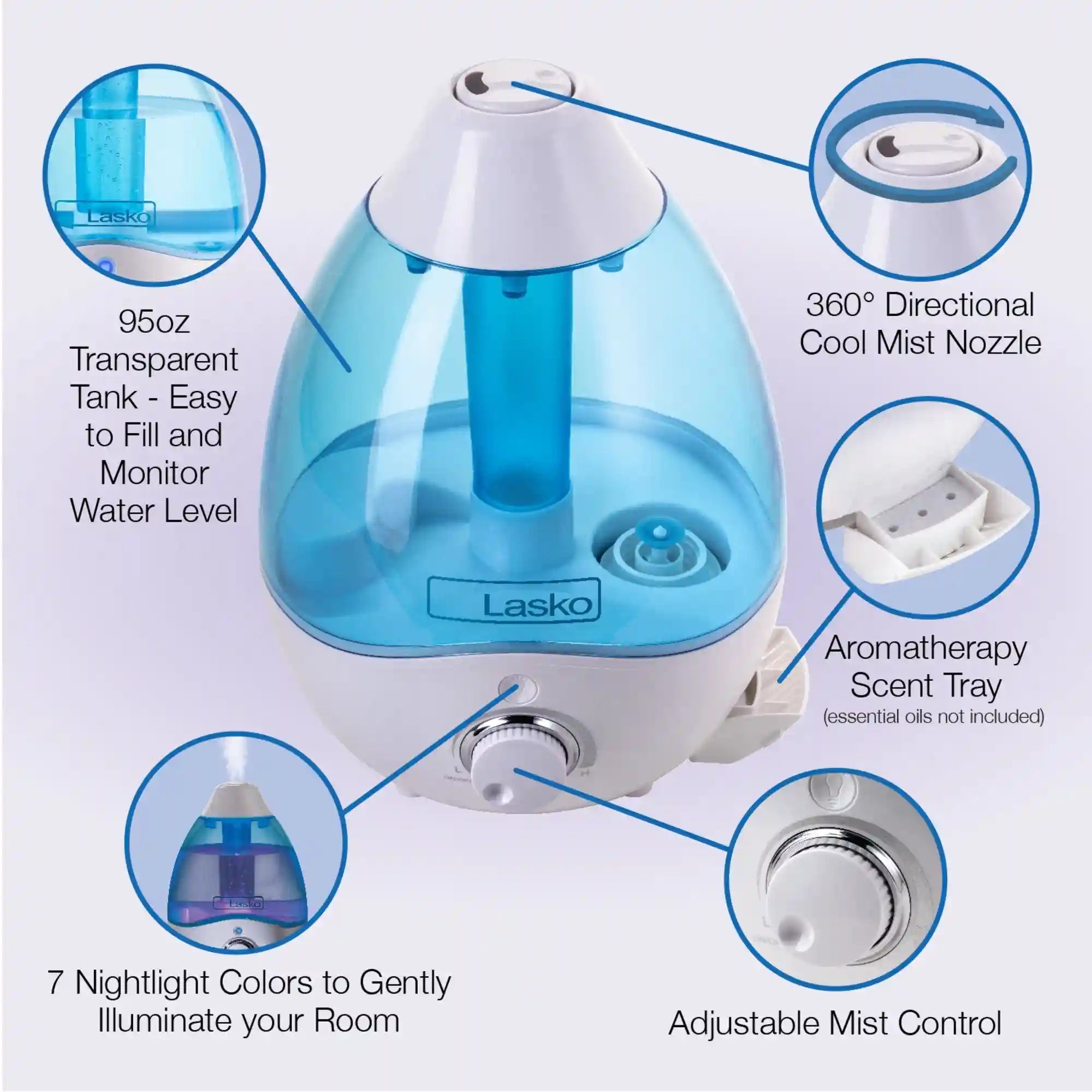 Lasko UH200 Ultrasonic Cool Mist Humidifier with Scent Tray and Nightlight