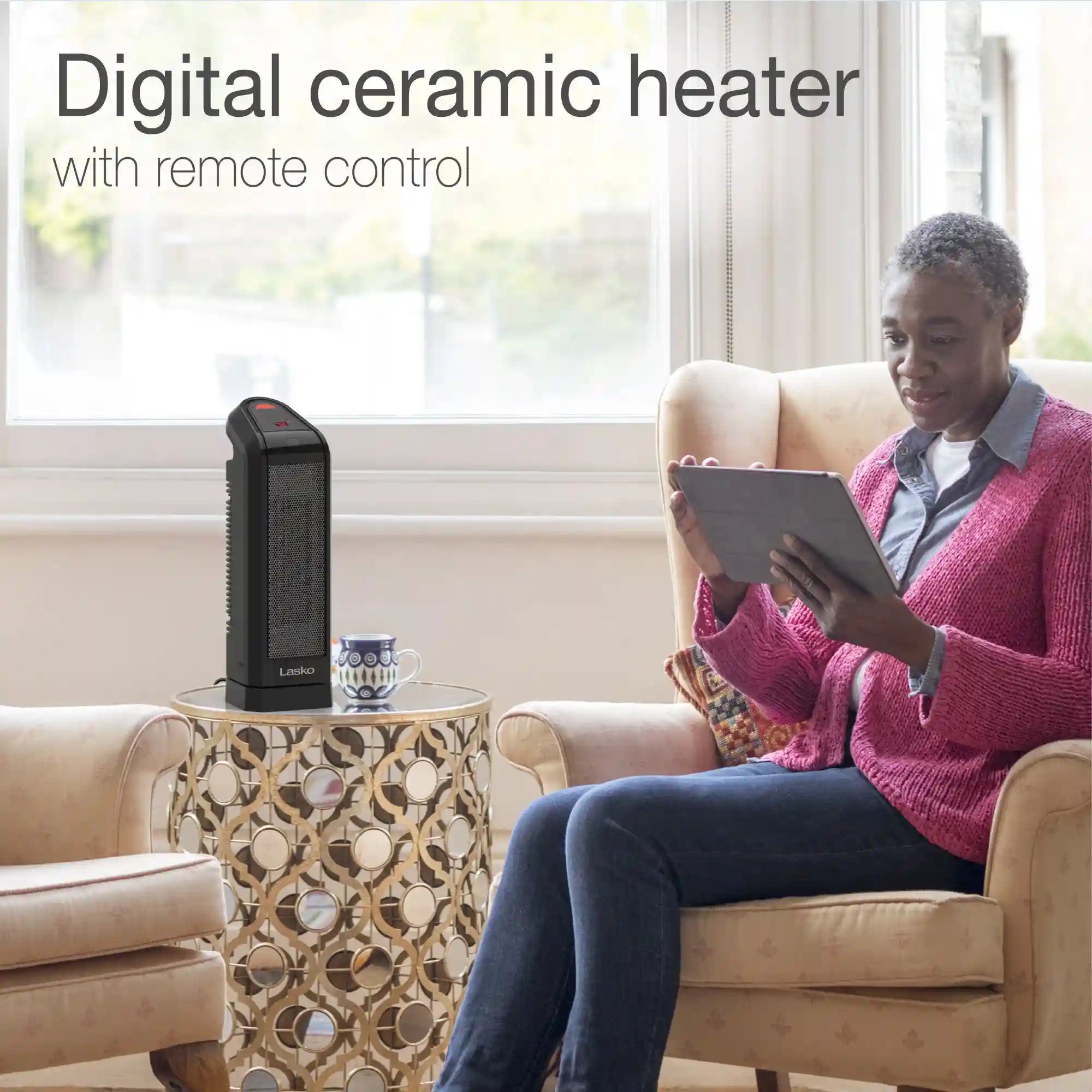 Lasko 16" Digital Ceramic Tower Heater with Remote (black, model CT16670)