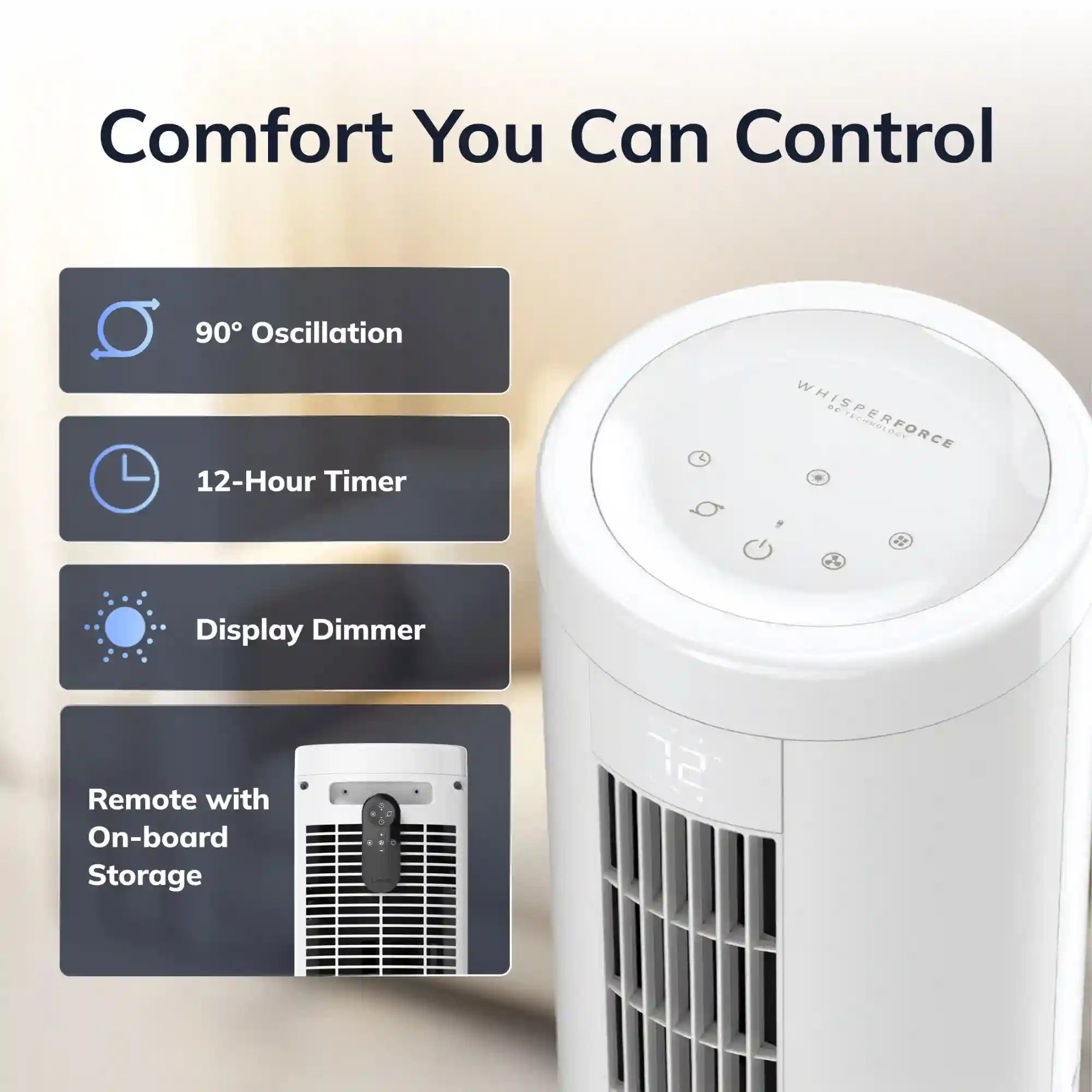 Lasko RTF WhisperForce™ DC 54" Pedestal Tower Fan (8-speed, remote, timer, white)