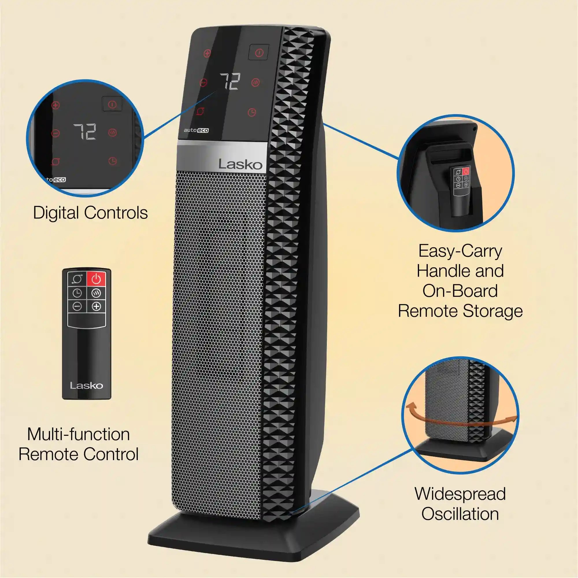 Lasko Elite Collection 1500W Ceramic Tower Space Heater with Tip-Over Switch, CT22445