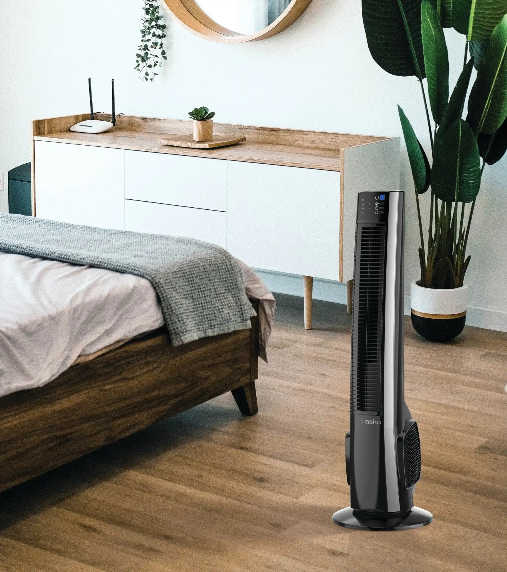 Lasko 38" Hybrid Tower Fan (4-speed, remote, timer, black/silver)
