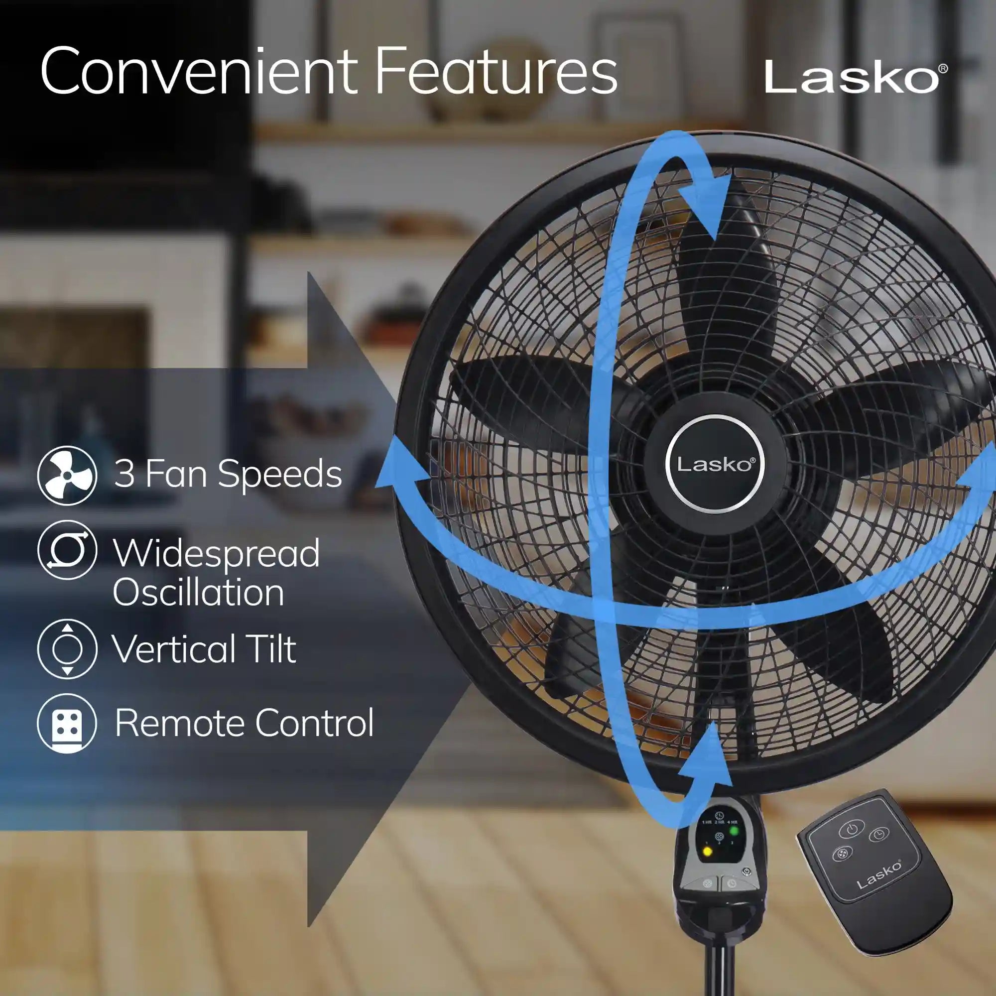 Lasko Cyclone® 18" Pedestal Fan (3-speed, remote, timer, black)