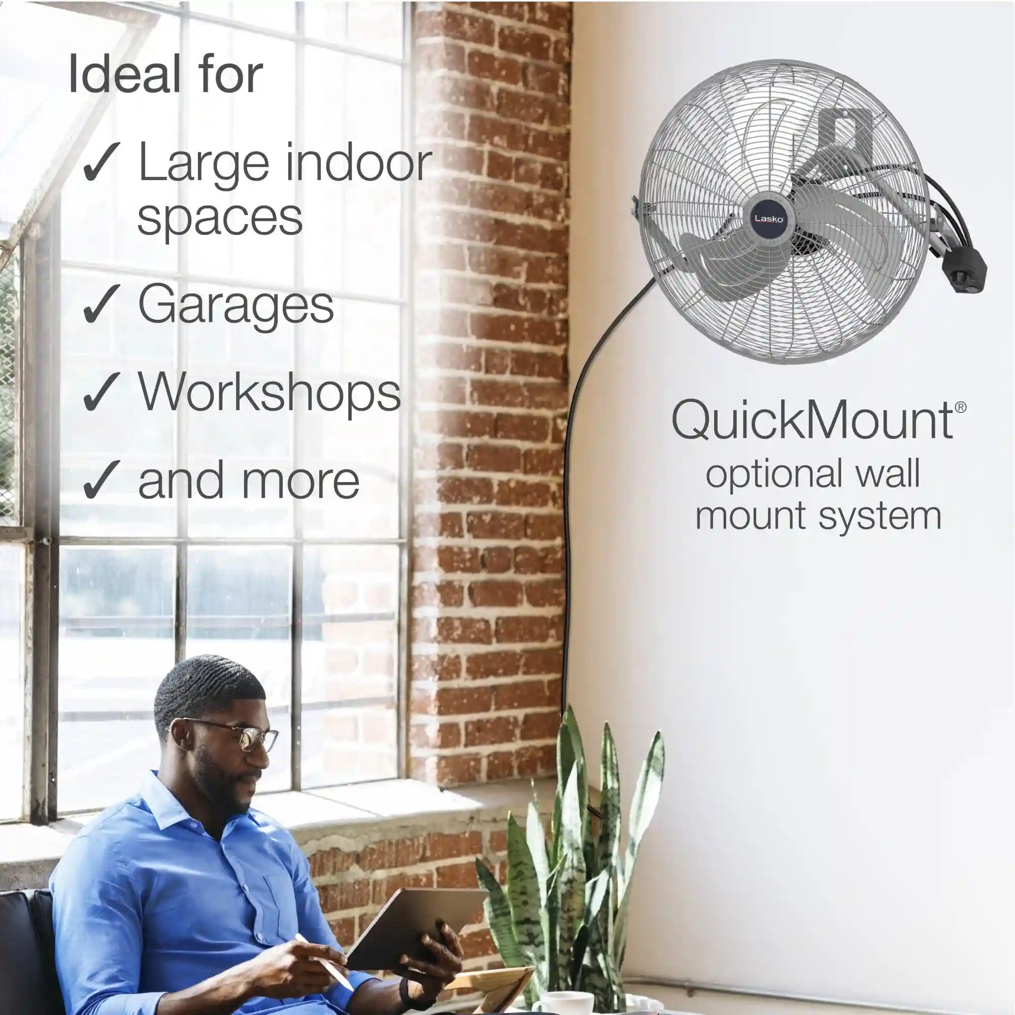 Lasko QuickMount® 20" High Velocity Floor & Wall Mount Fan (3-speed, manual, silver)