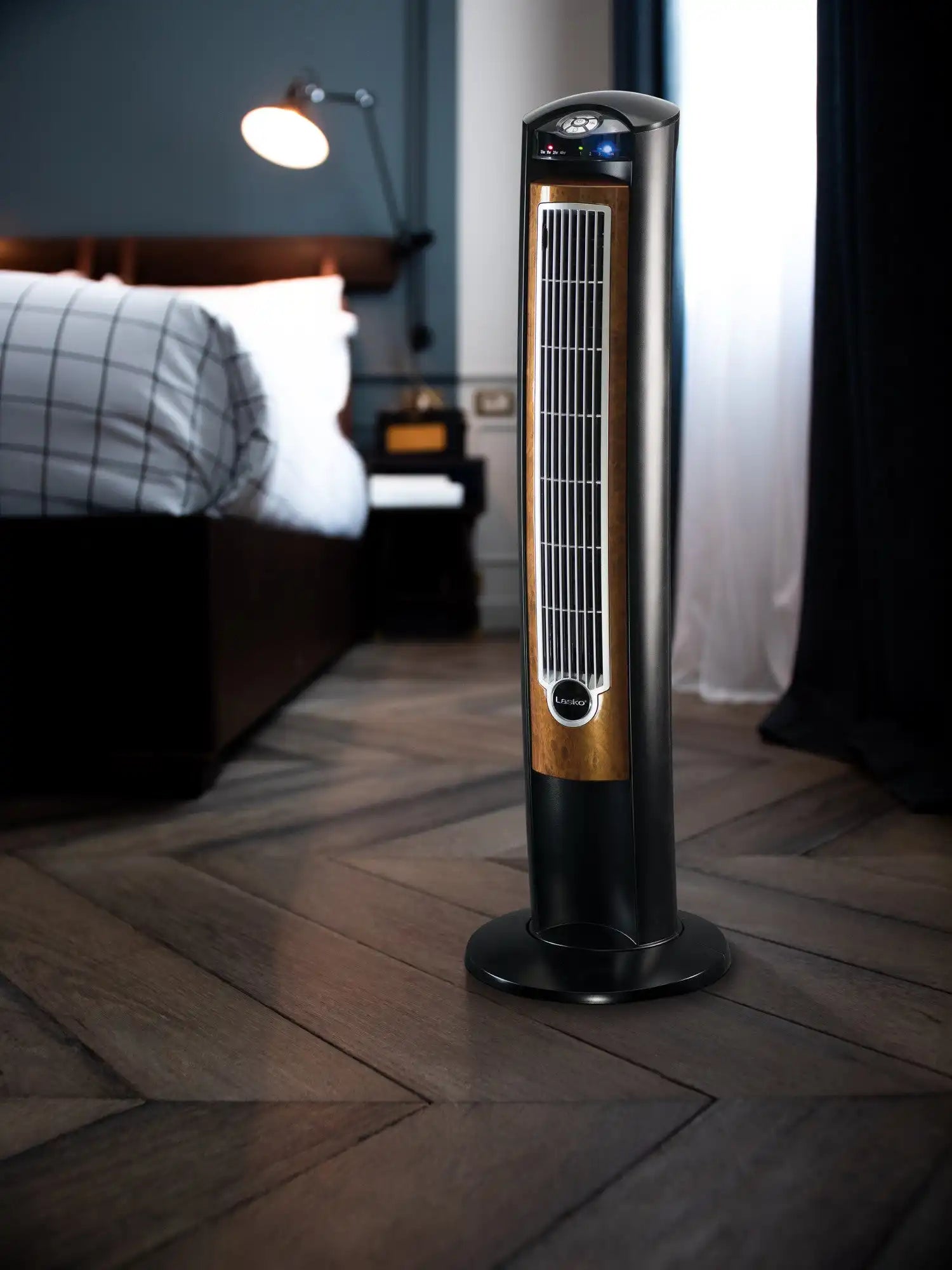 Lasko Wind Curve® 42" Tower Fan (3-speed, remote, timer, ionizer, black/woodgrain)