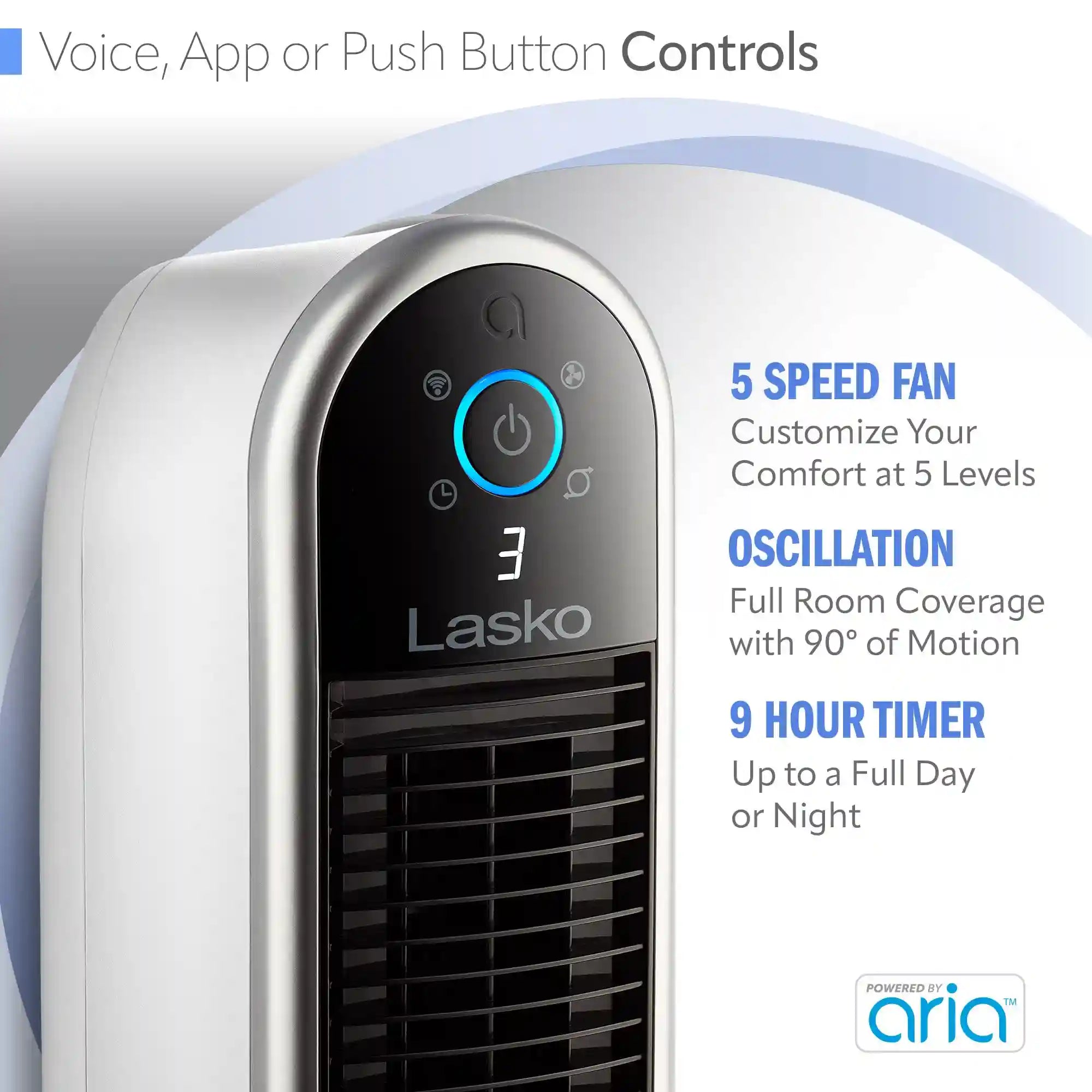 Lasko Aria™ 40" Tower (5-speed, remote, timer, white)
