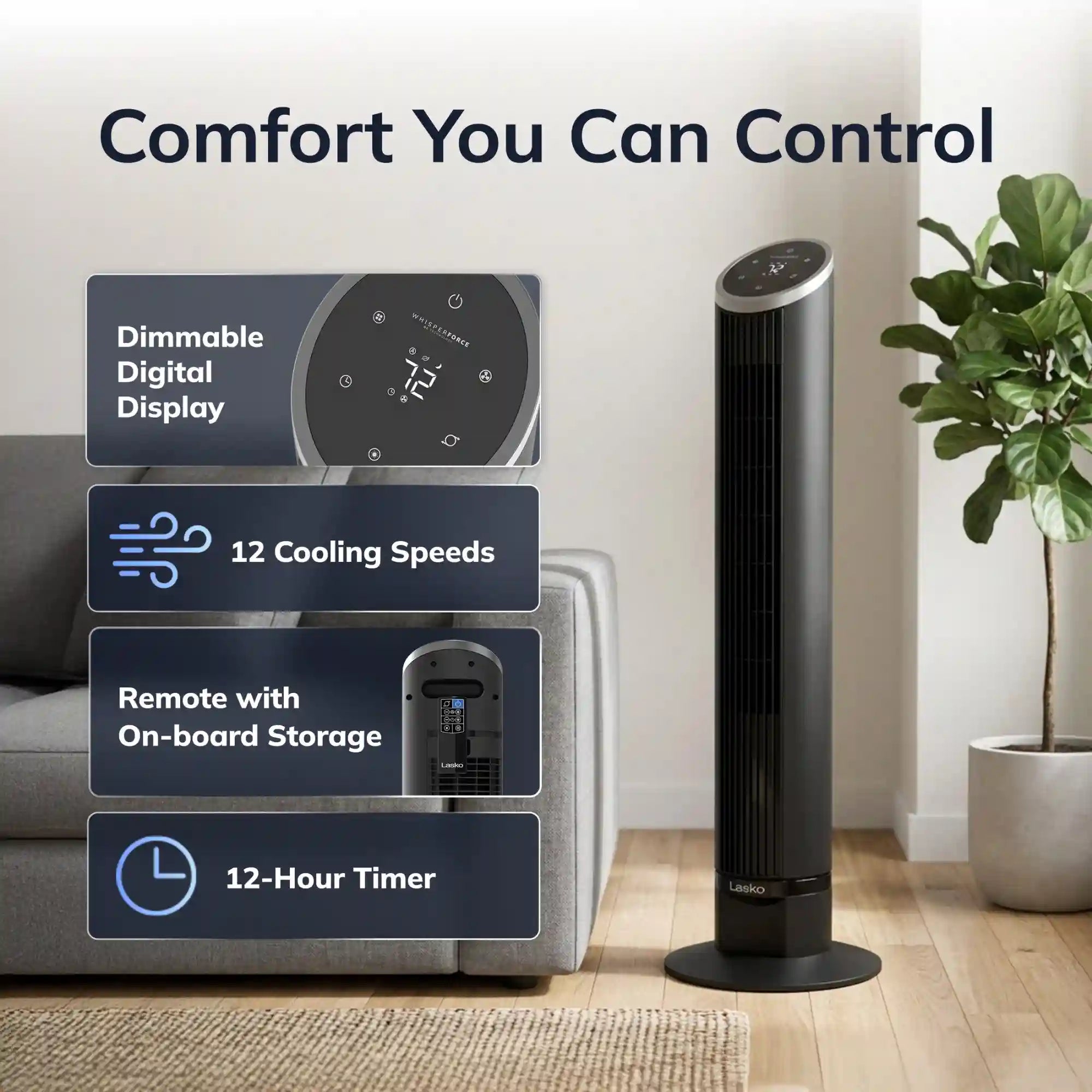 Lasko WhisperForce™ DC 36" Tower Fan (12-speed, remote, timer, air filtration, black)