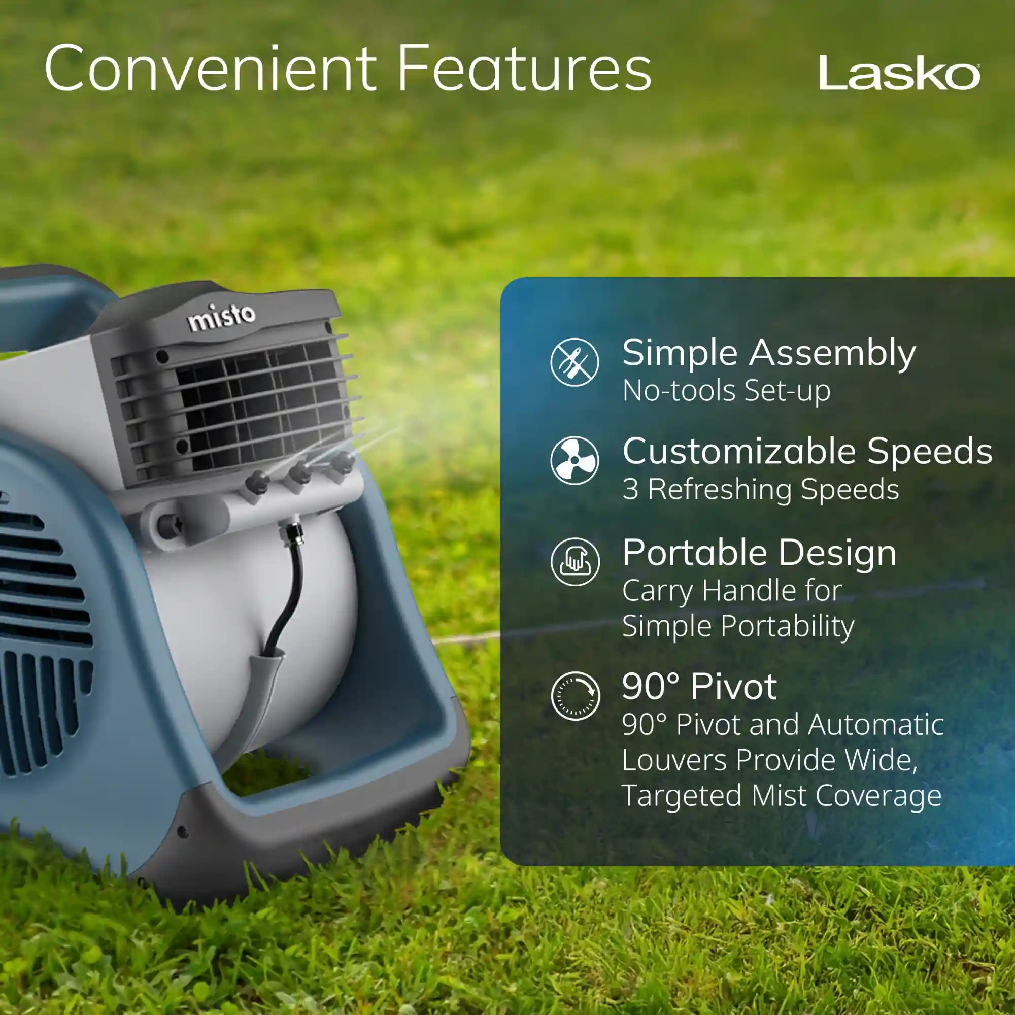 Lasko Misto® Outdoor Misting Fan (3-speed, pivoting, 9' hose, GFCI, blue)