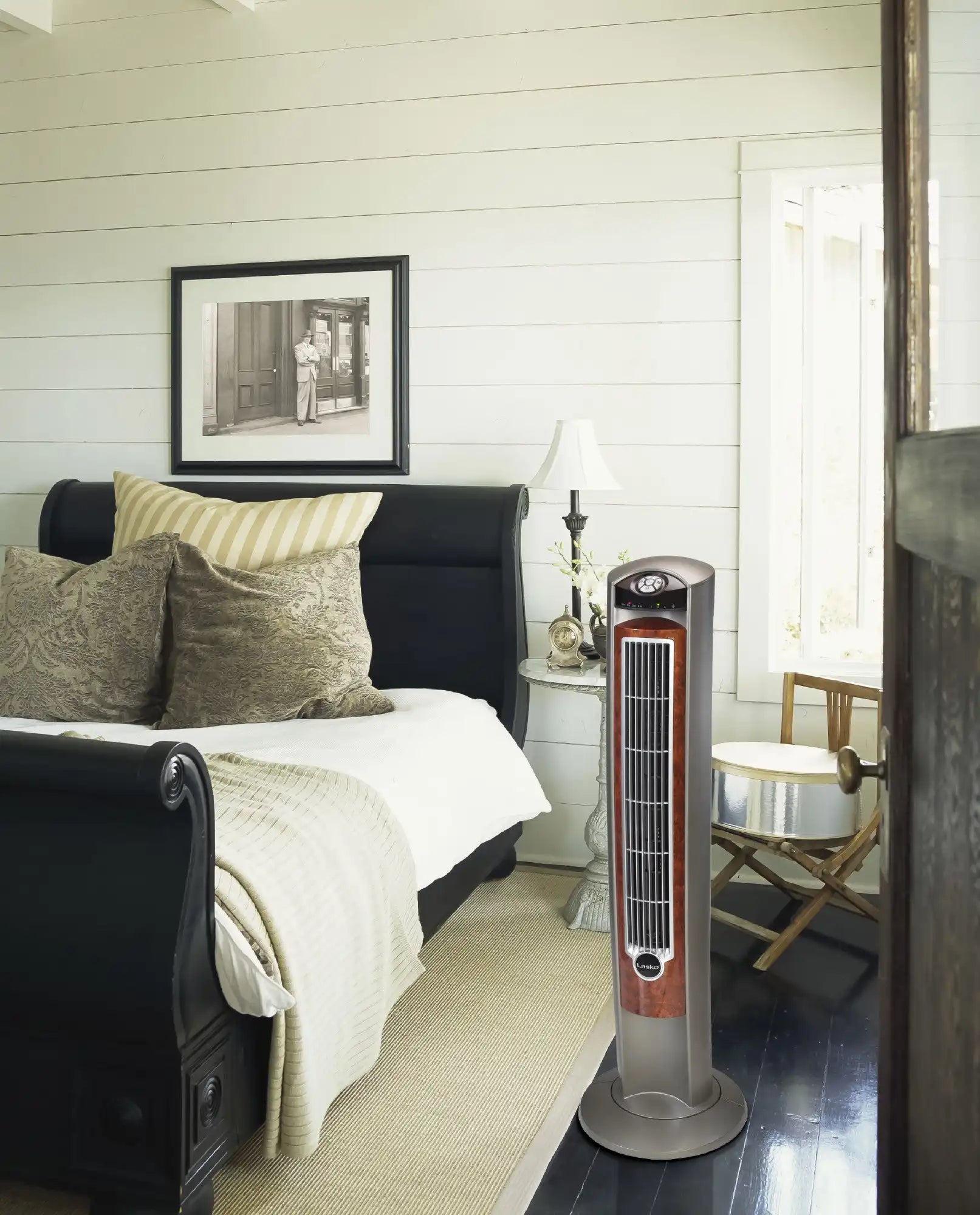 Lasko Wind Curve® 42" Tower Fan (3-speed, remote, timer, gray/woodgrain)