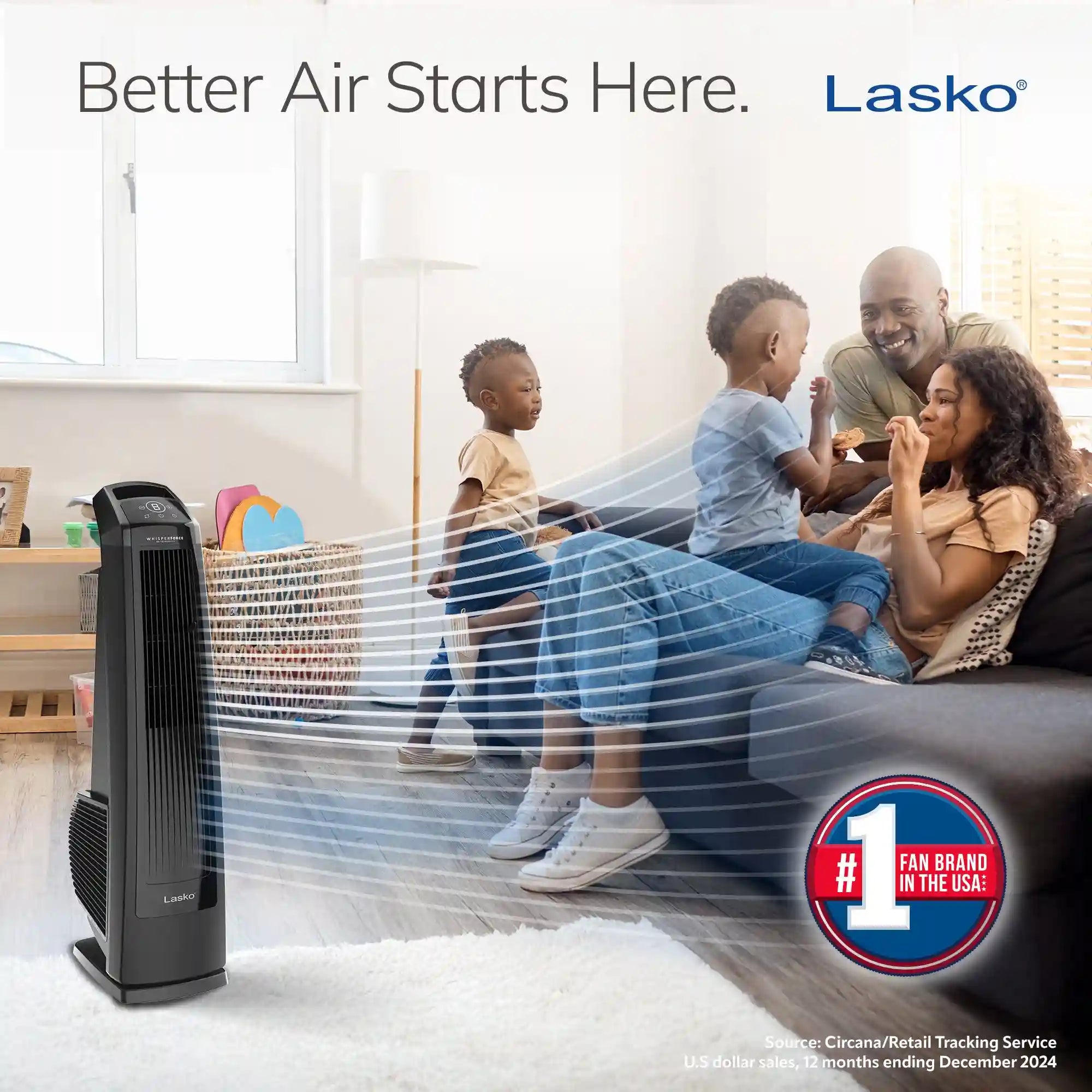 Lasko High Velocity WhisperForce™ DC 35" Tower Fan (9-speed, remote, timer, black)