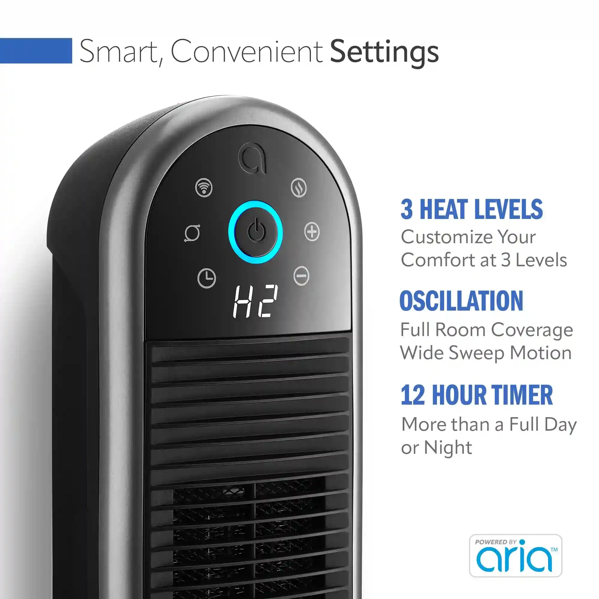 Lasko Aria™ 22" Ceramic Tower Heater (3 heat settings, remote, timer, smart, black)