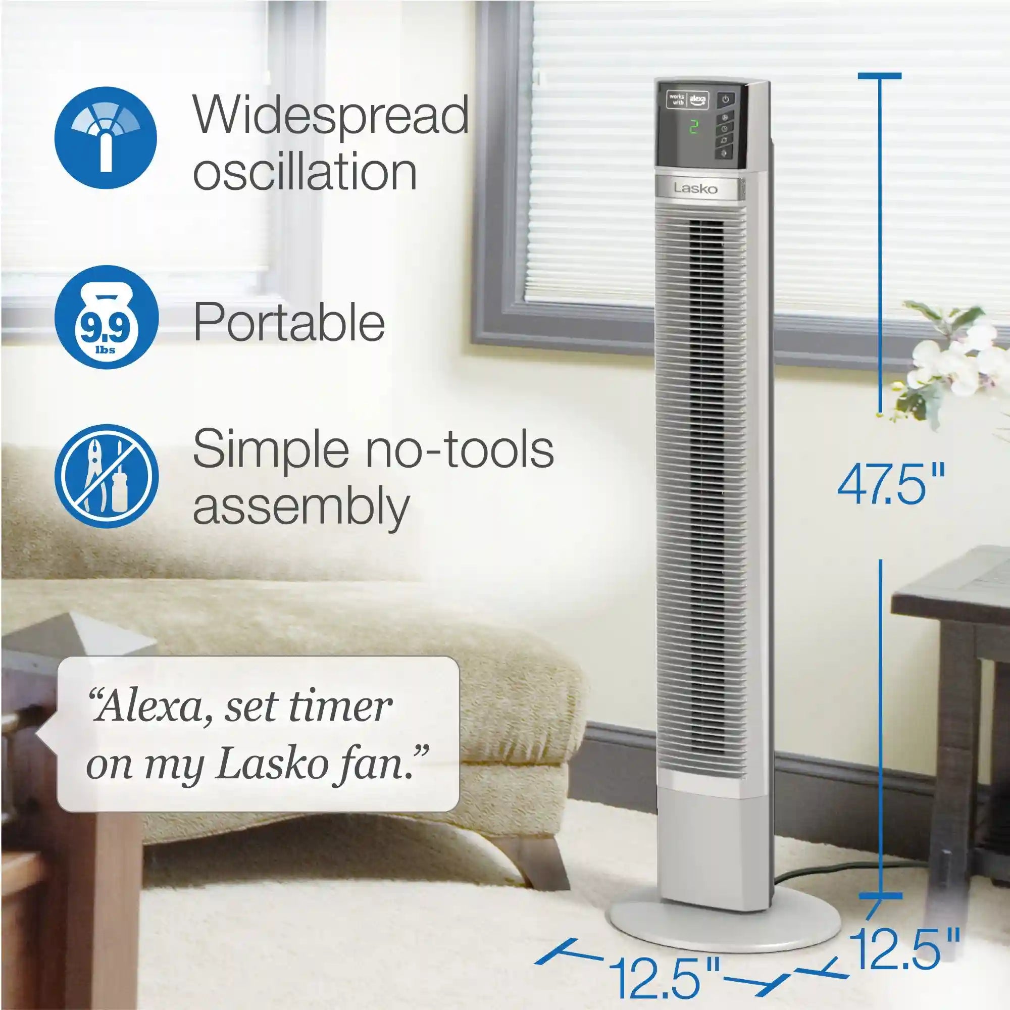 Lasko Xtra Air 48" Tower Fan (4-speed, remote, timer, alexa enabled, white)