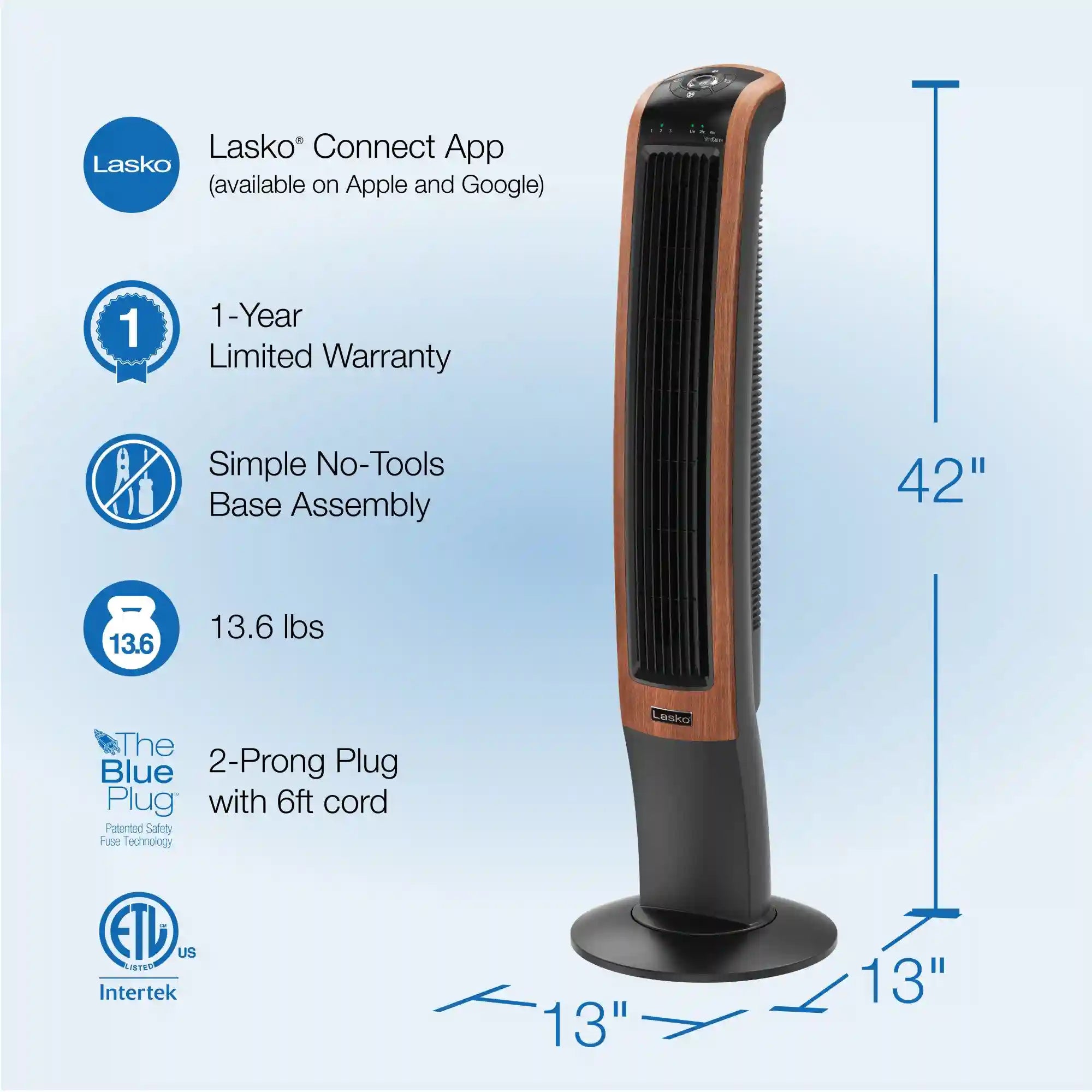 Lasko Wind Curve® 42" Tower Fan (3-speed, remote, timer, bluetooth, black/woodgrain)